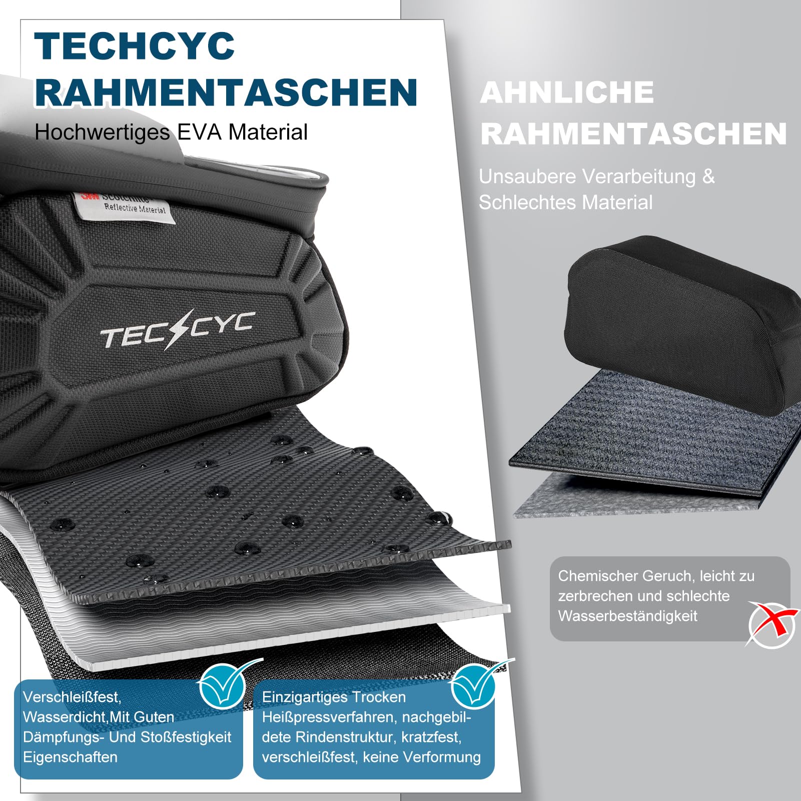 TECHCYC Rahmentasche Fahrrad wasserdicht TPU Touchscreen - Fahrradtasche Rahmen bis 7 Zoll Handy, Reflektierende Oberrohrtasche für MTB, Rennrad, E-Bike & Gravelbike, Bikepacking Zubehör
