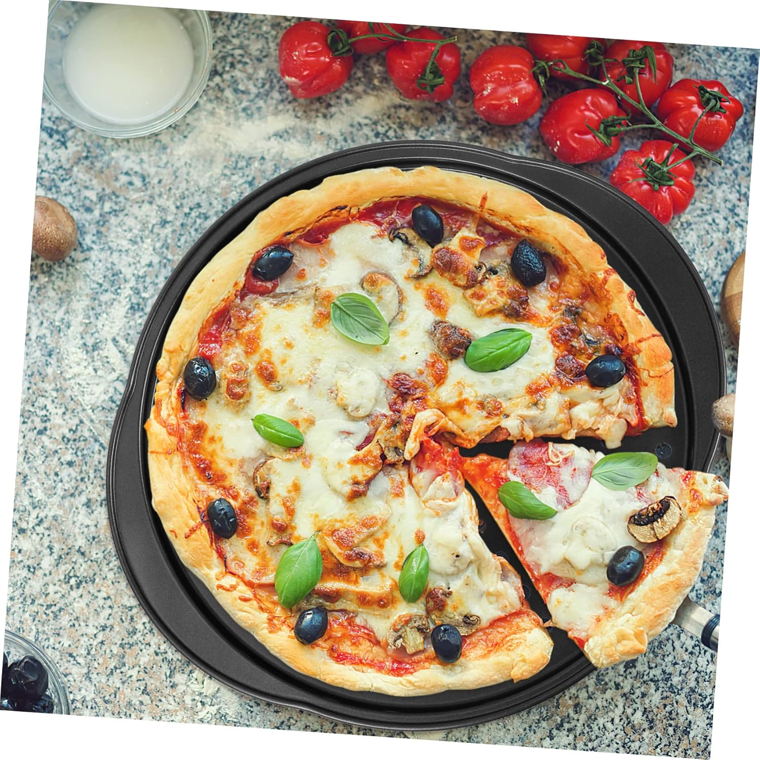 VOSAREA 4 Pcs Perforated Pizza Pans with Small Grips 35.5 * 32 * 1.3 Inch Carbon Steel Baking Tray for Oven for Homemade Pizza Baking and Serving