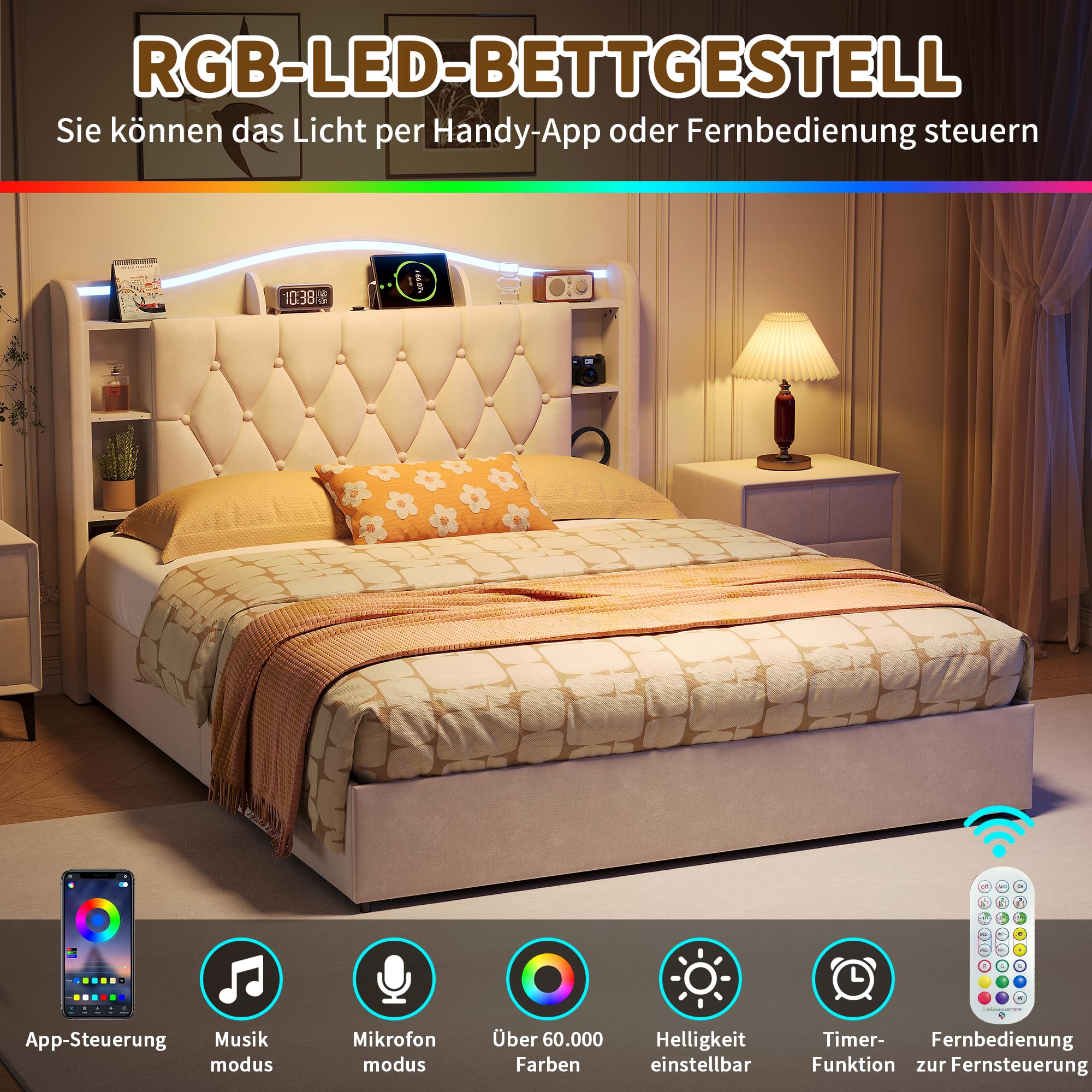 Letto Matrimoniale 160x190 con Contenitore Idraulico, Letto Imbottito in Velluto con LED RGB e USB/Type-C, Testiera con Ripiani Portaoggetti, Struttura Letto con Rete a Doghe (Beige-a, 160x190)