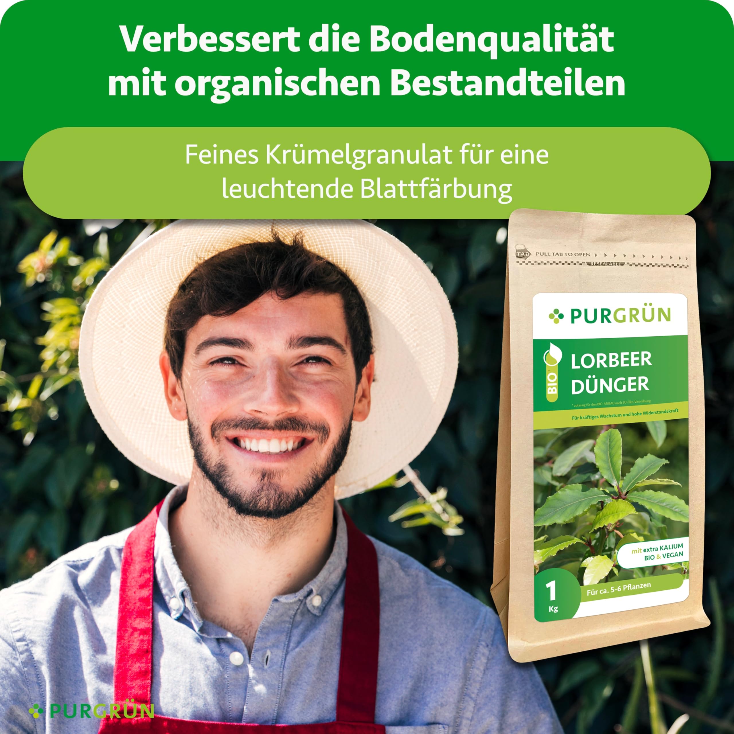 Bio-Lorbeer-Dünger 1 kg – Rein natürliche Rezeptur – Feines Krümelgranulat – NPK 6+2+7 – Extra Magnesium für leuchtend grüne Blätter – Verbessert die Bodenqualität - Für bis zu 6 Pflanzen
