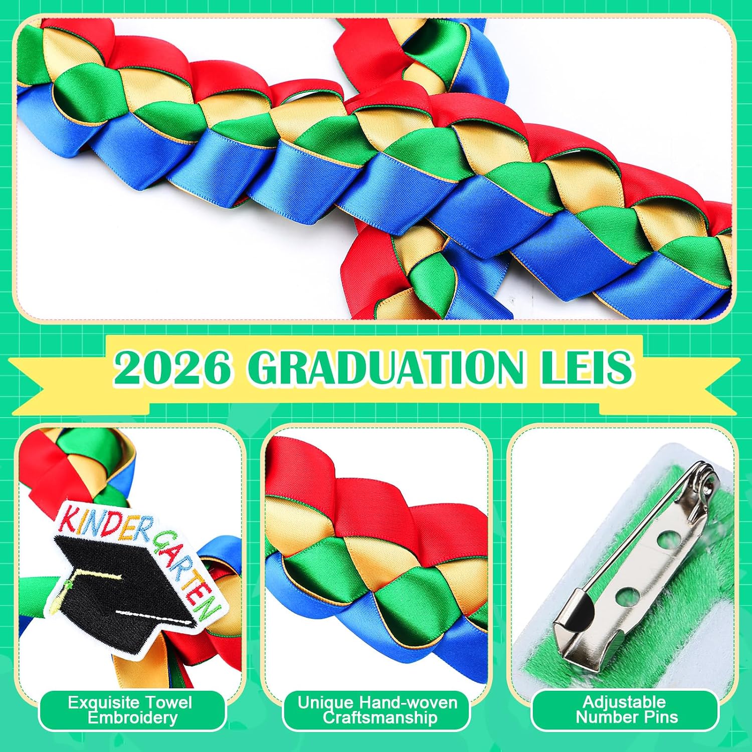 Hotop Preschool Graduation Ribbon Leis with Pins Kids Class of 2026 Money Leis, 47'' Double Braided Child Graduation Ribbon Necklace for Boys Girls