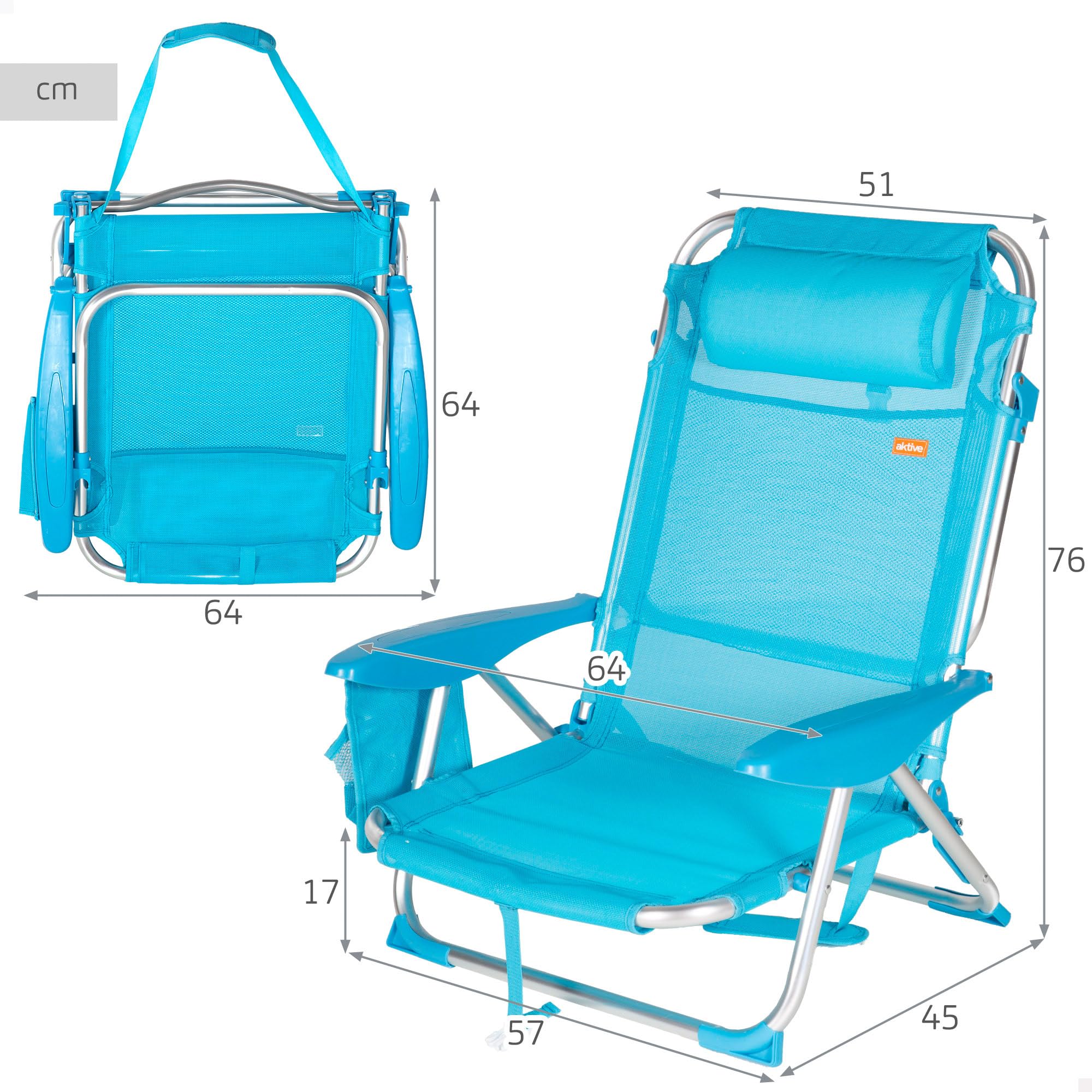 AKTIVE Pack 2 Sillas de Playa Plegables, Sillas multiposición 51x45x76 cm, Reclinables, 4 Posiciones, con reposacabezas, hasta 110 kg, con Bolsillo, Plegables con asa, Azul (85529)