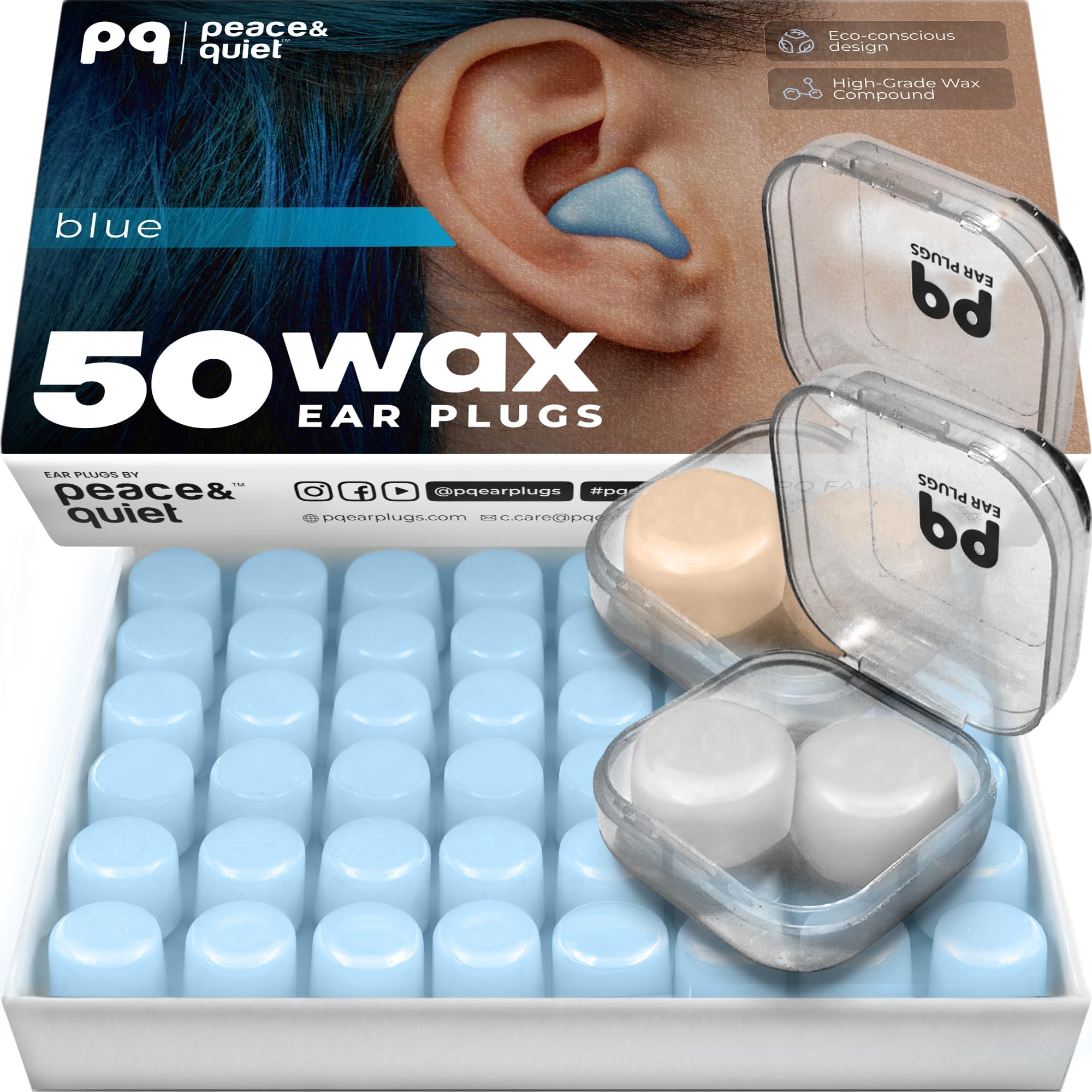 Peace&Quiet PQ Wax Ear Plugs, Silicone Earplugs for Sleep, Blue, 50 Ct