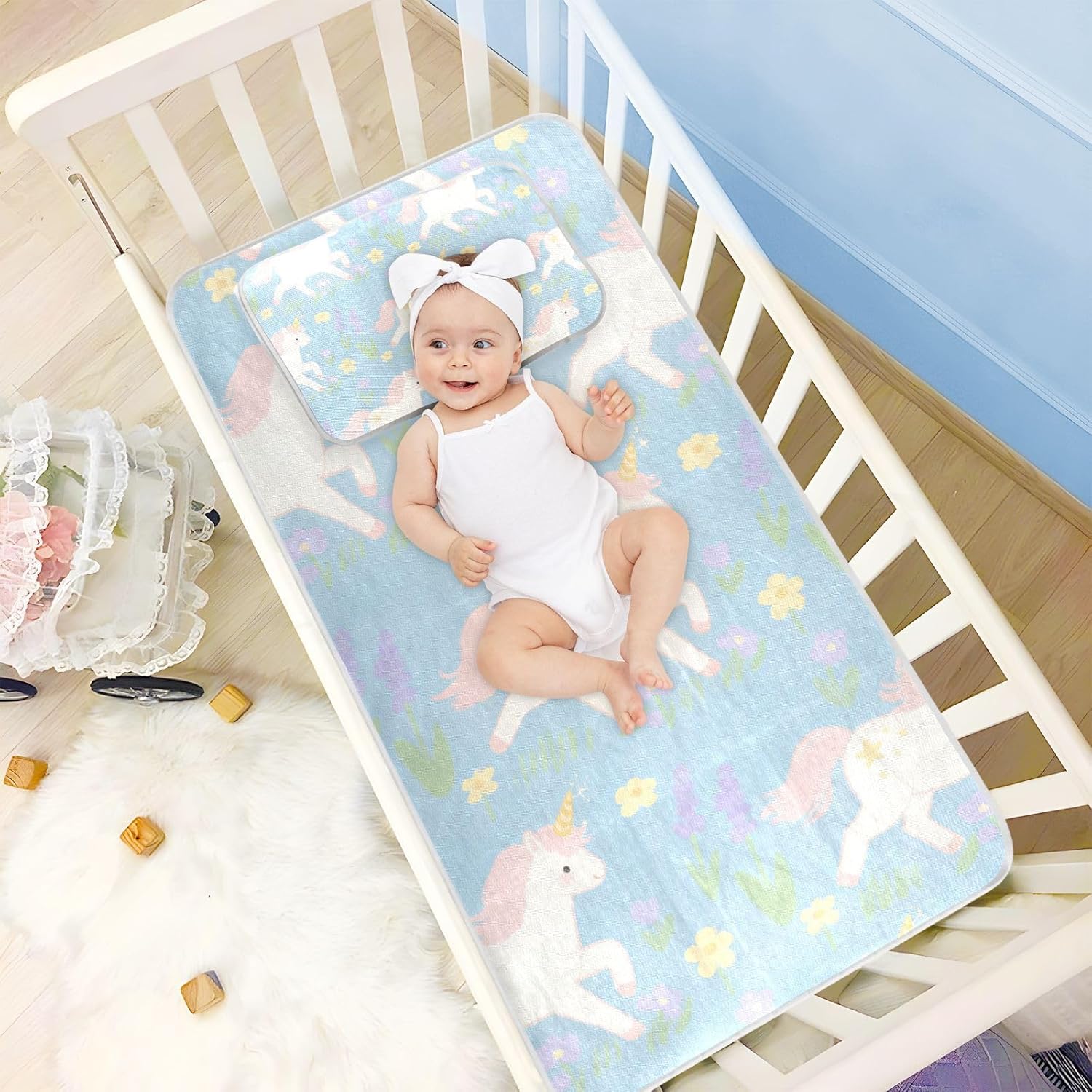 A Cute Cartoon White Unicorns Cooling Baby Mattress Cover 28" x 52" Ultra Soft Pads for Kids for Baby&Toddler