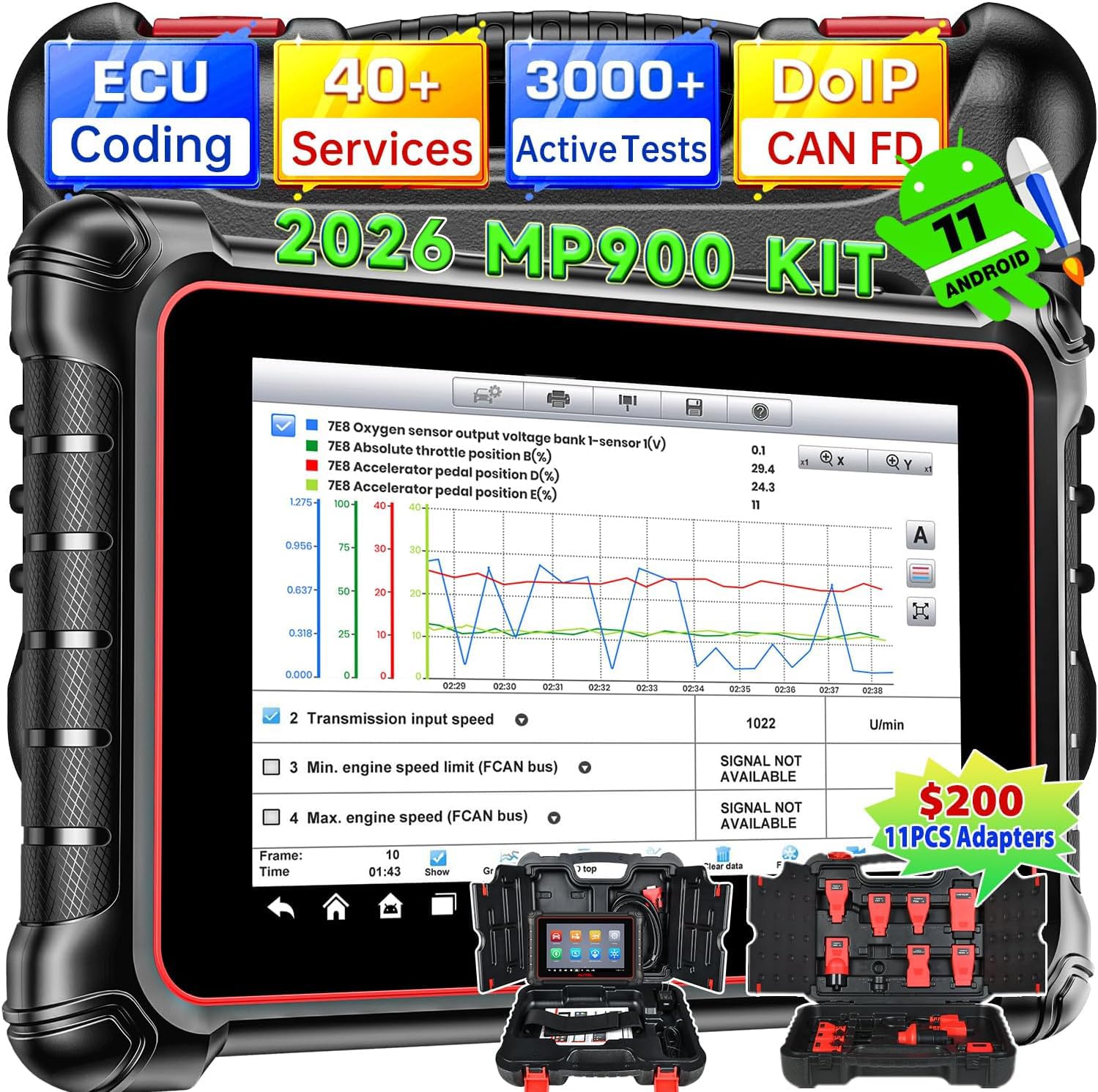 Autel Scanner MaxiPRO MP900 KIT w/ 11 OBD Adapters $200, 2025 DoIP CAN FD Newer of MS906 MP808S MX900 MK900 MK808S, ECU Coding & Bidirectional as MS906 PRO MP900BT, 3000+ Active Tests, 40+ Reset, OS11