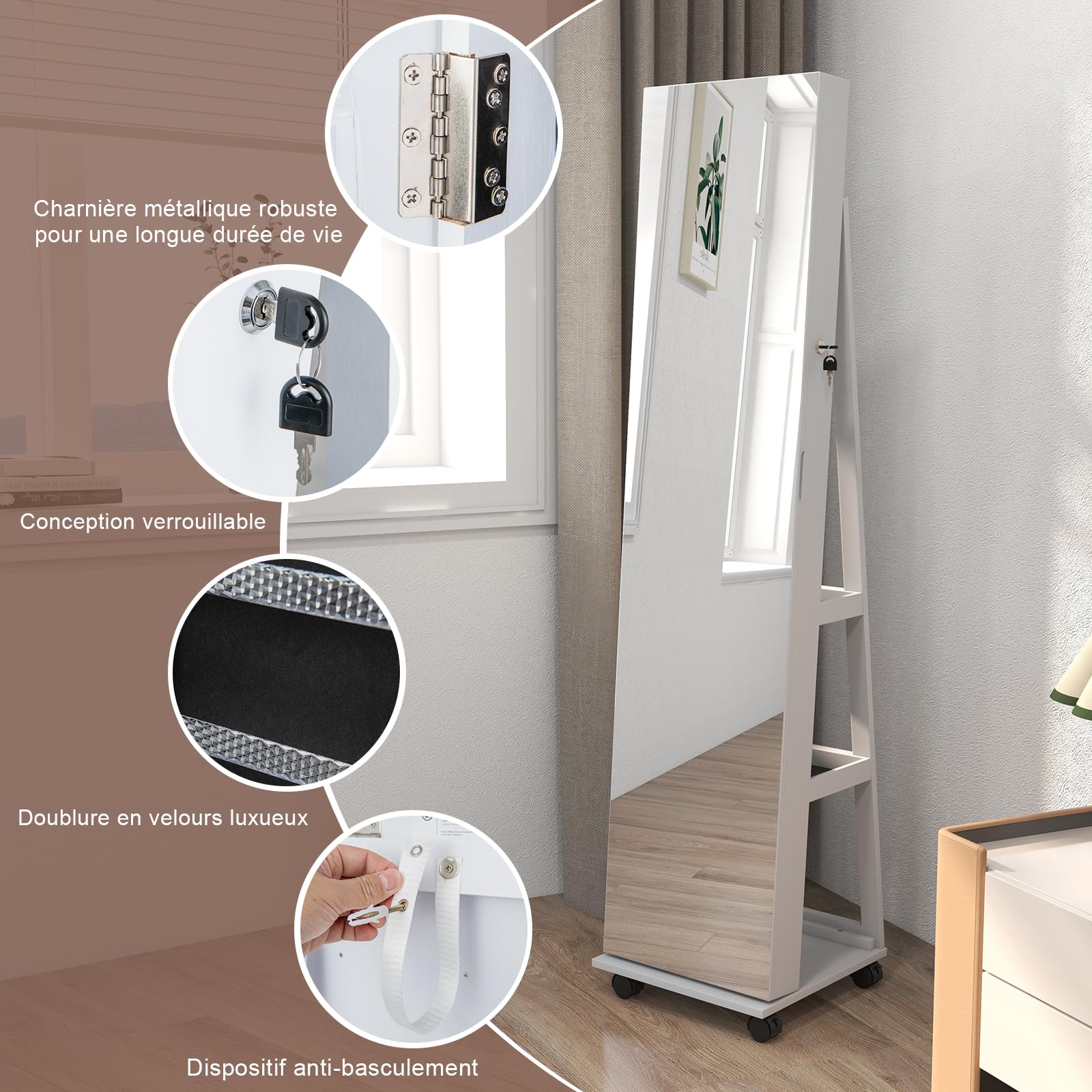 GOPLUS Armoire à Bijoux avec Miroir, Organisateur de Bijoux avec Lumières LED 3 Couleurs, Serrure, Miroir de Courtoisie Intégré, Anti-Basculement, 4 en 1 Armoire à Bijoux sur Pied avec Roues (Blanc)