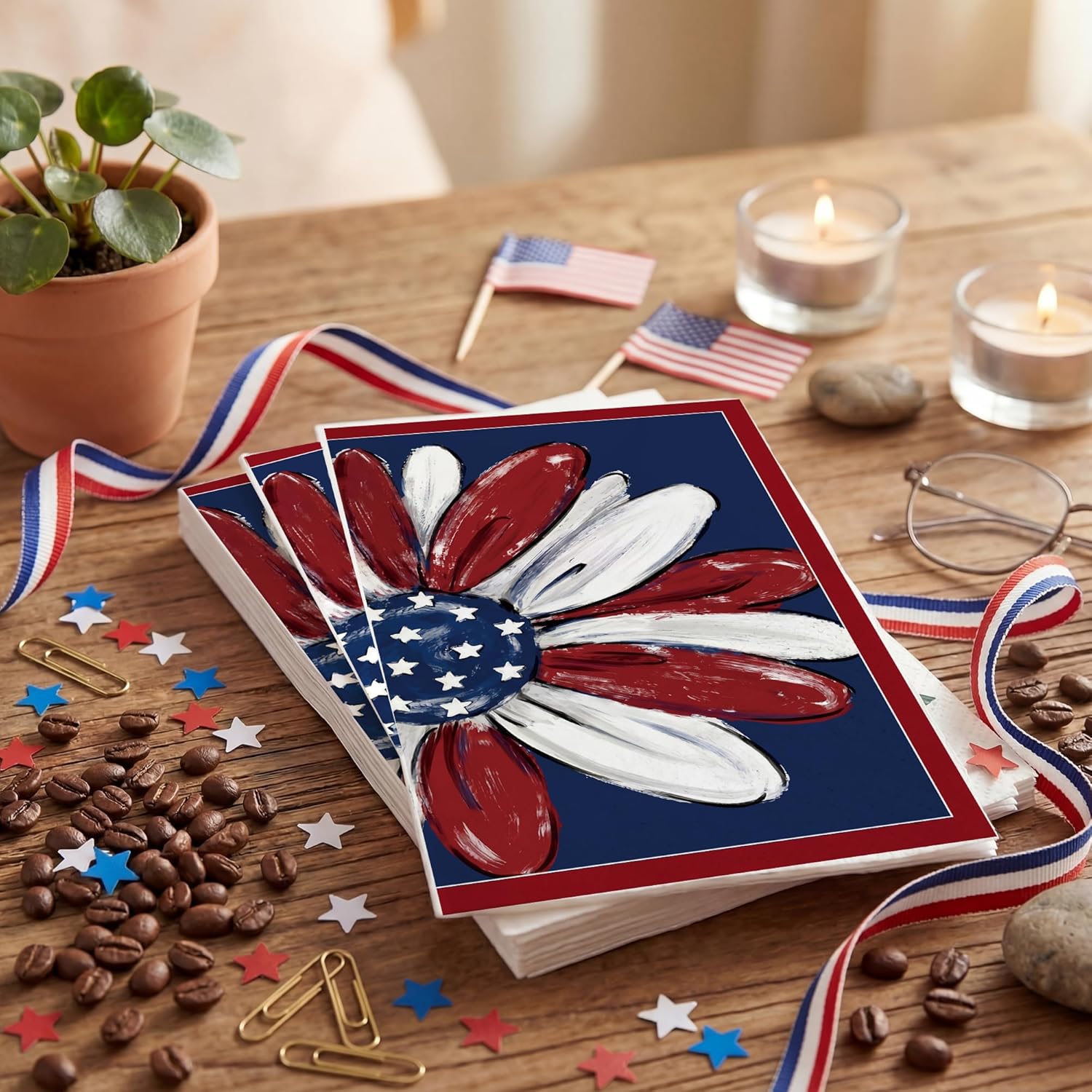 4th of July Disposable Paper Napkins, 100 Pcs Patriotic Flower Napkins for Bathroom Paper Towels for Guests, Red White Blue Napkins for Independence Day Memorial Day Patriotic Party Supplies