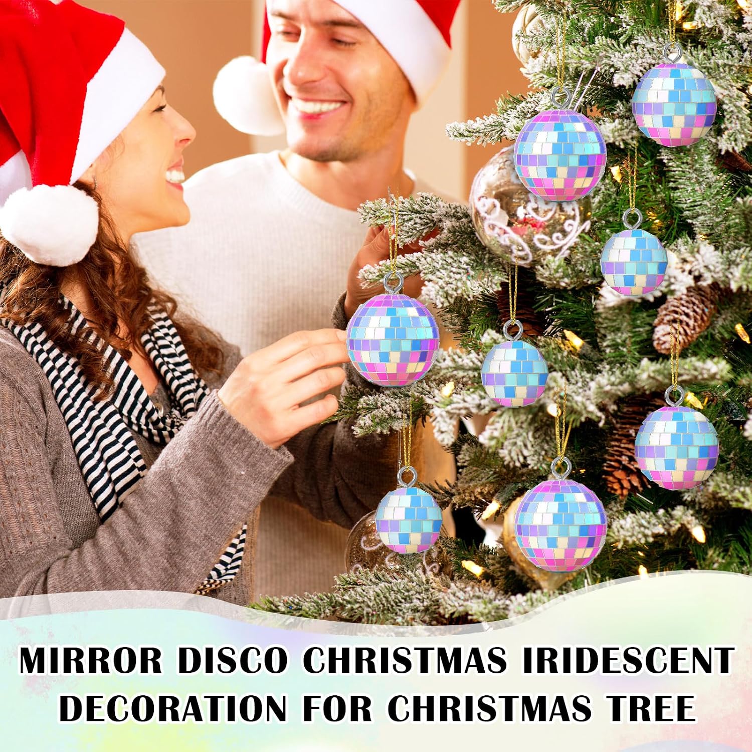 Roowest 36 Pcs Iridescent Disco Ornament Mirror Disco Ball Decoration Hanging Reflective 70s Cake Topper for Wedding Birthday Dance Music Festival Party Decoration