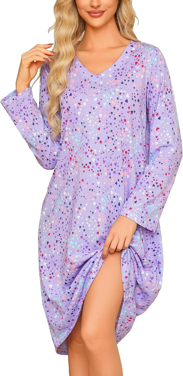 ENJOYNIGHT Women's Cotton Nightgown Long Sleeve V Neck Nightshirt Print Sleep Dress with Pockets