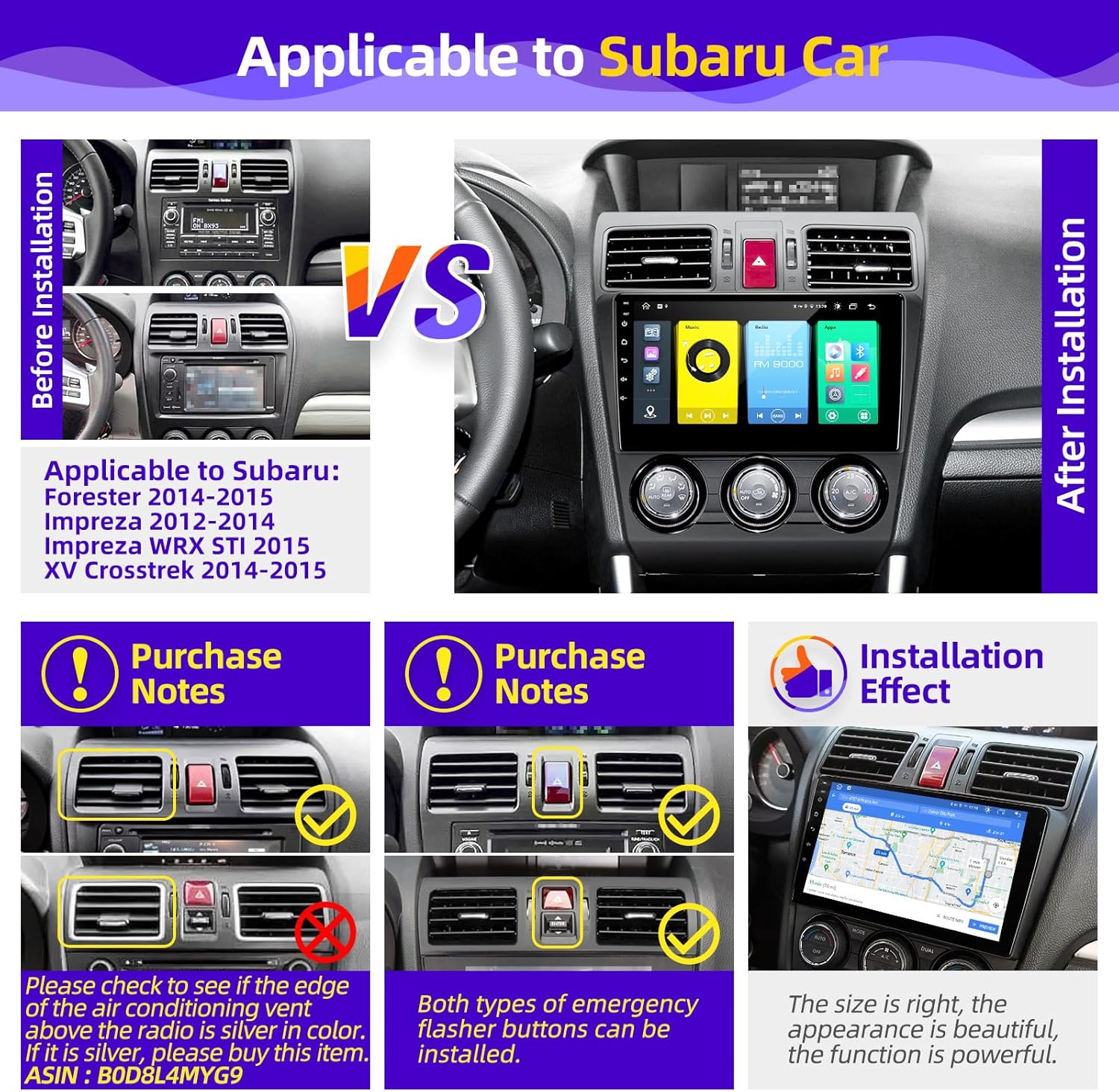 for Subaru Forester Impreza WRX STI XV 2013-2015 Radio Upgrade Compatible with Wireless Carplay Android Auto Touch Screen Car Stereo Bluetooth GPS WiFi AM/FM Camera Navigation 8 Core Head Unit