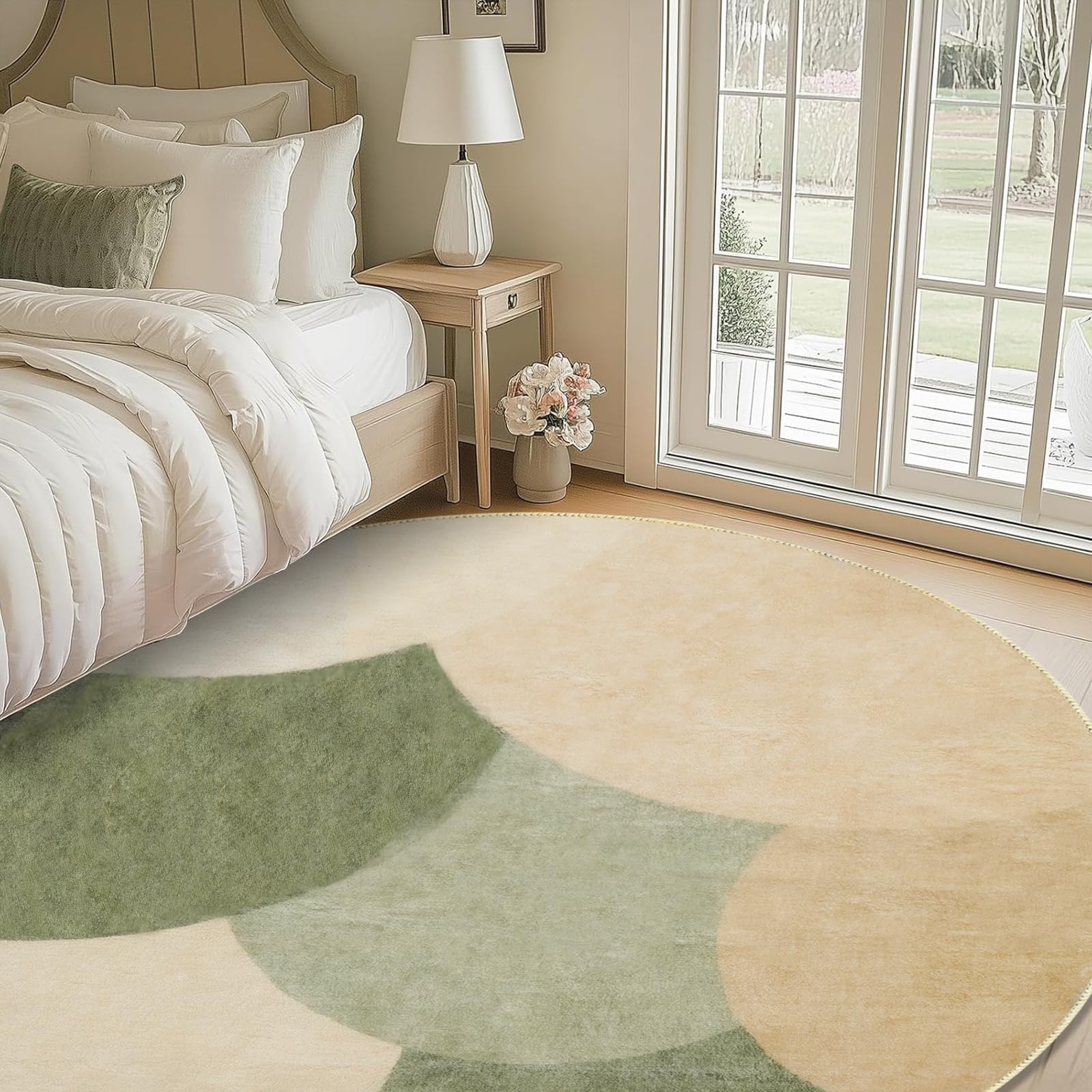 Runder Teppich 160cm Grün Beige Modern, Halbkreis Muster Flauschig Kurzflor, Antirutsch Wohnzimmer Teppich Waschbar Weich Kuschel