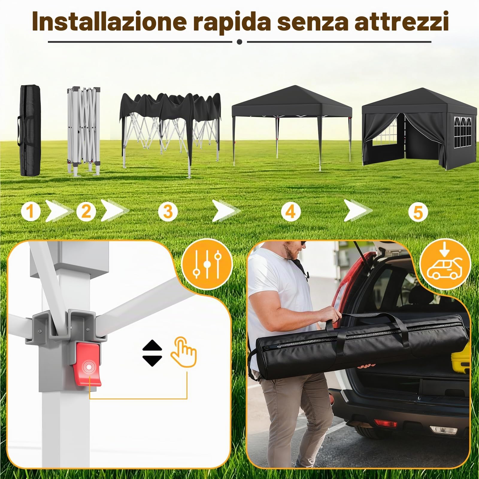 JUMMICO Gazebo 3x3m Pieghevole, Altezza Regolabile, Struttura Stabile, Copertura Esterna Resistente e Impermeabile, con Pareti Laterali, con 4 Sacchi di Sabbia di Peso e Sacca da Trasporto, Grigio