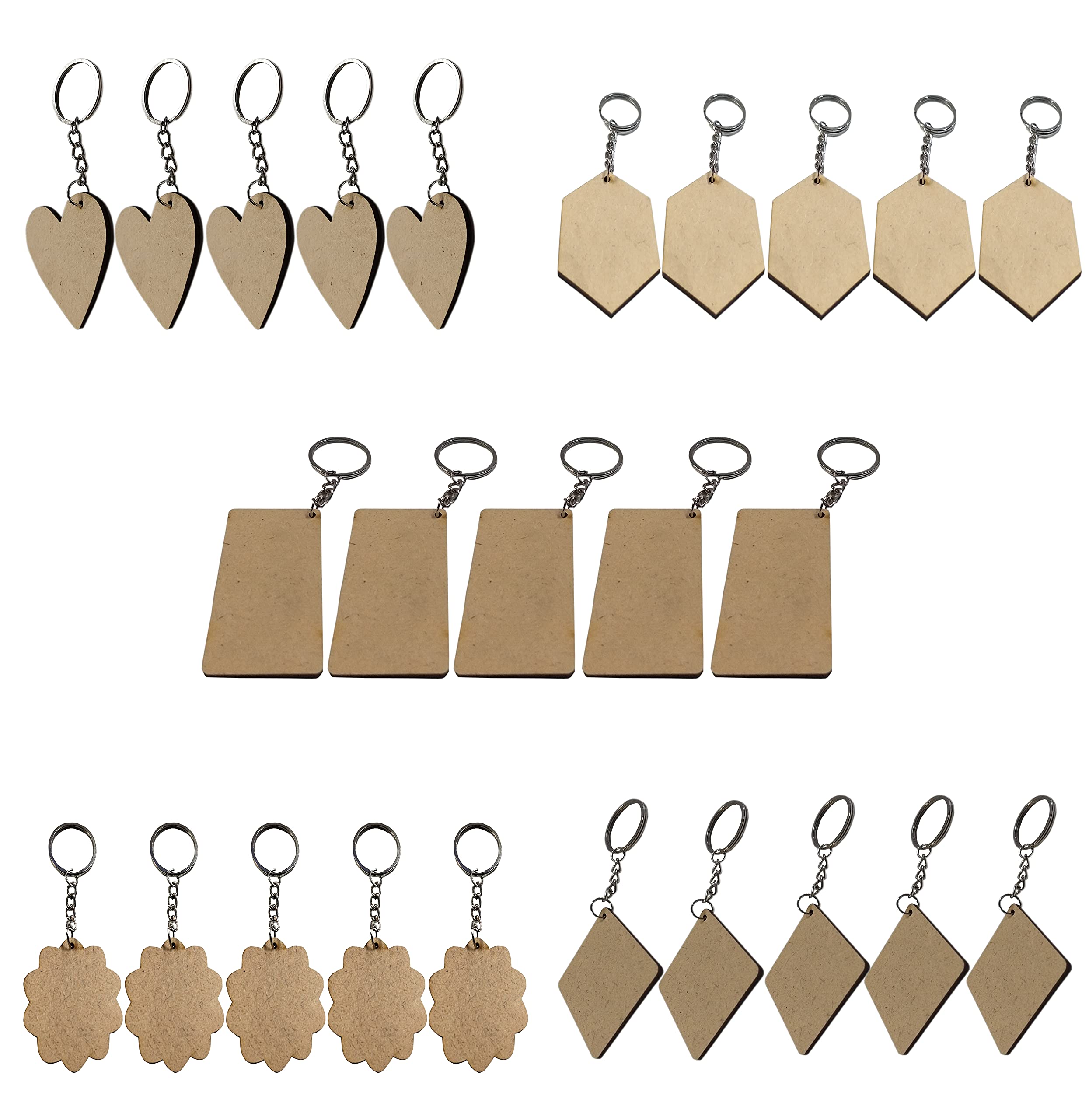 MDF Plain DIY Mix Keychain for Craft and Painting Set of 25 pcs keychain (Square,Rectangle, Hexagoan,Heart,Scallop)-image-27
