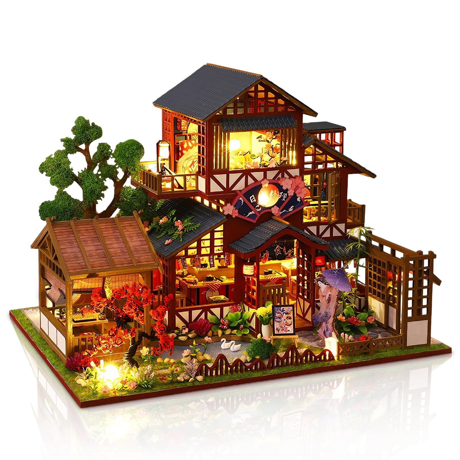 Cuteefun DIY Miniature Dollhouse Kit, Wooden Dollhouse Kit with LED Light, Handmade Crafts for Adults Teen to Build, Make Your Own Dream House Model (Sakura Sushi House) — image 1