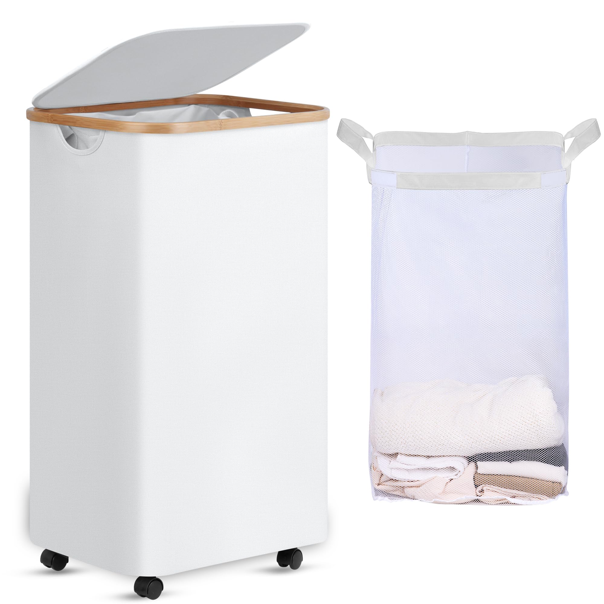 efluky 100L Laundry Basket with Wheels and Lid, Rolling Laundry Hamper with Bamboo Handles and Removable Bag, Dirty Clothes Hamper on Wheels for Laundry Room Organizer, Dorm