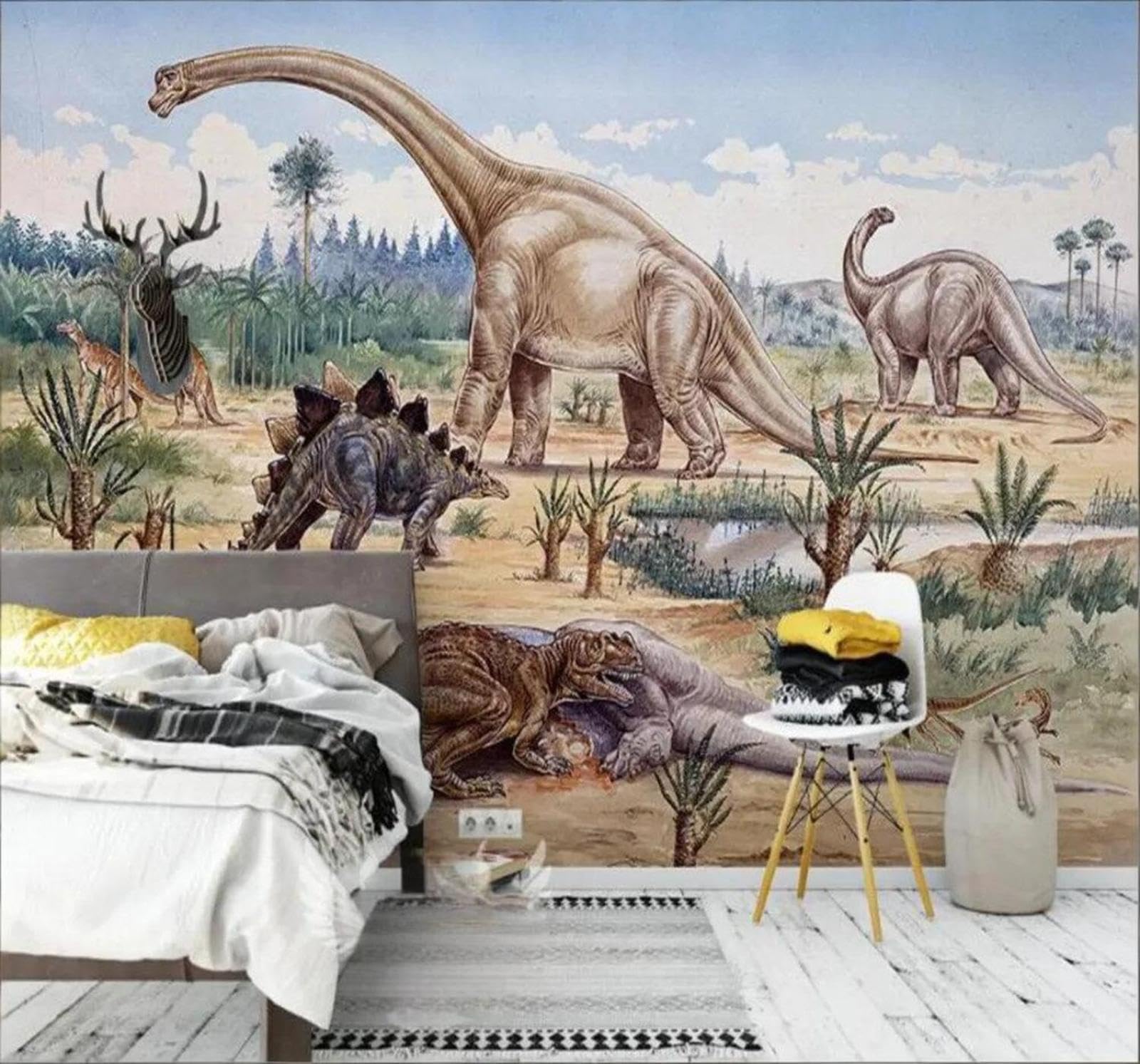 Tzxztt Three Dimensional Tropical Jungle Cartoon Dinosaurs Modern 3D Wallpaper Premium Textured Silk Neutral Tones Material Ideal for Living Room Bedroom-400cm×280cm