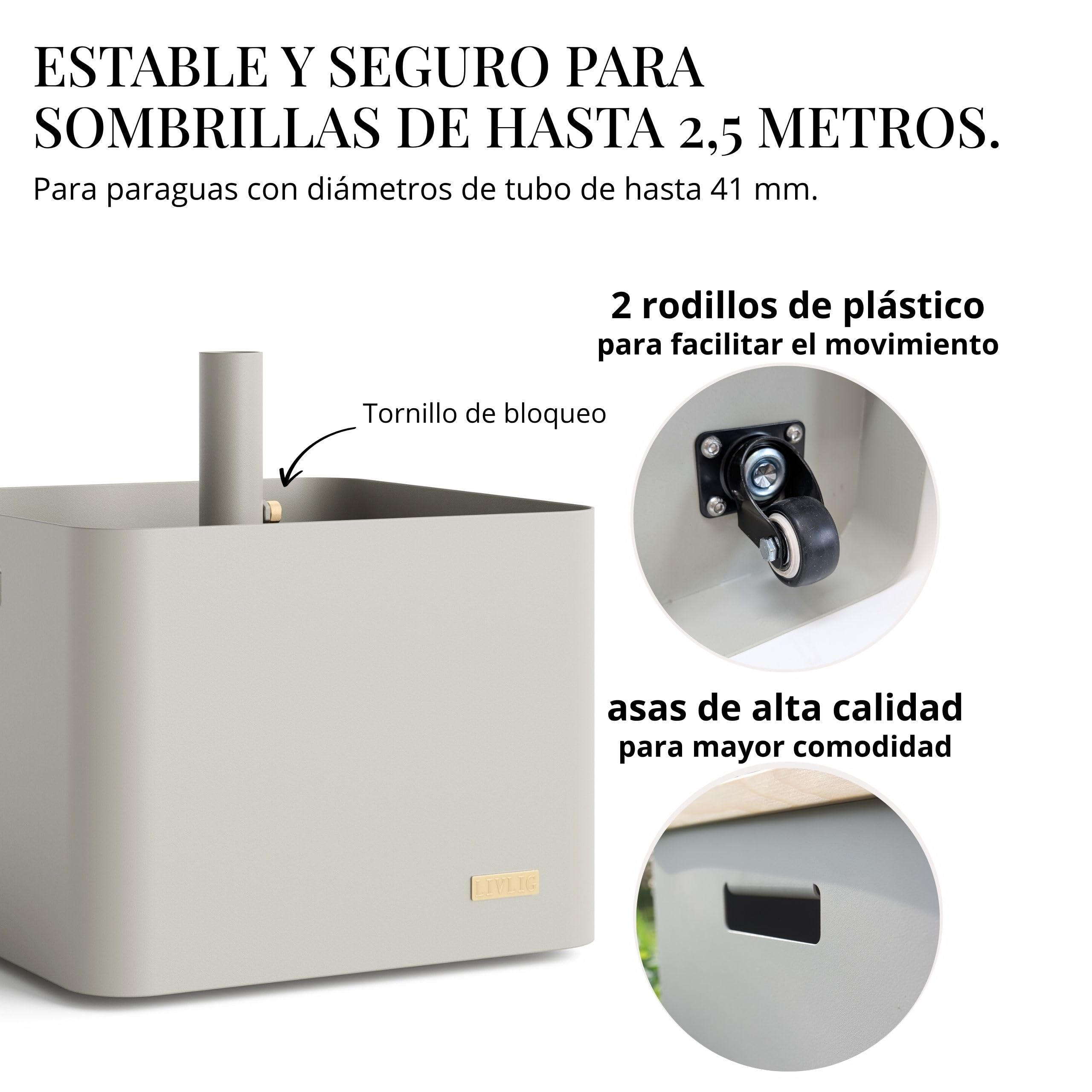 Livlig53 LIVLIG - Soporte para sombrilla con ruedas, 2 en 1, jardinera y protección solar, 100% acero inoxidable, rellenable hasta 39 L, para sombrillas de hasta 250 cm de diámetro, color gris
