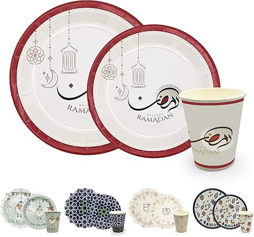 Miniatura 1 de FASUAM - Ziyafat - Edición especial Ramadán y Eid platos de papel desechables decorativos de 24 juegos de platos de 9 pulgadas, platos de 7