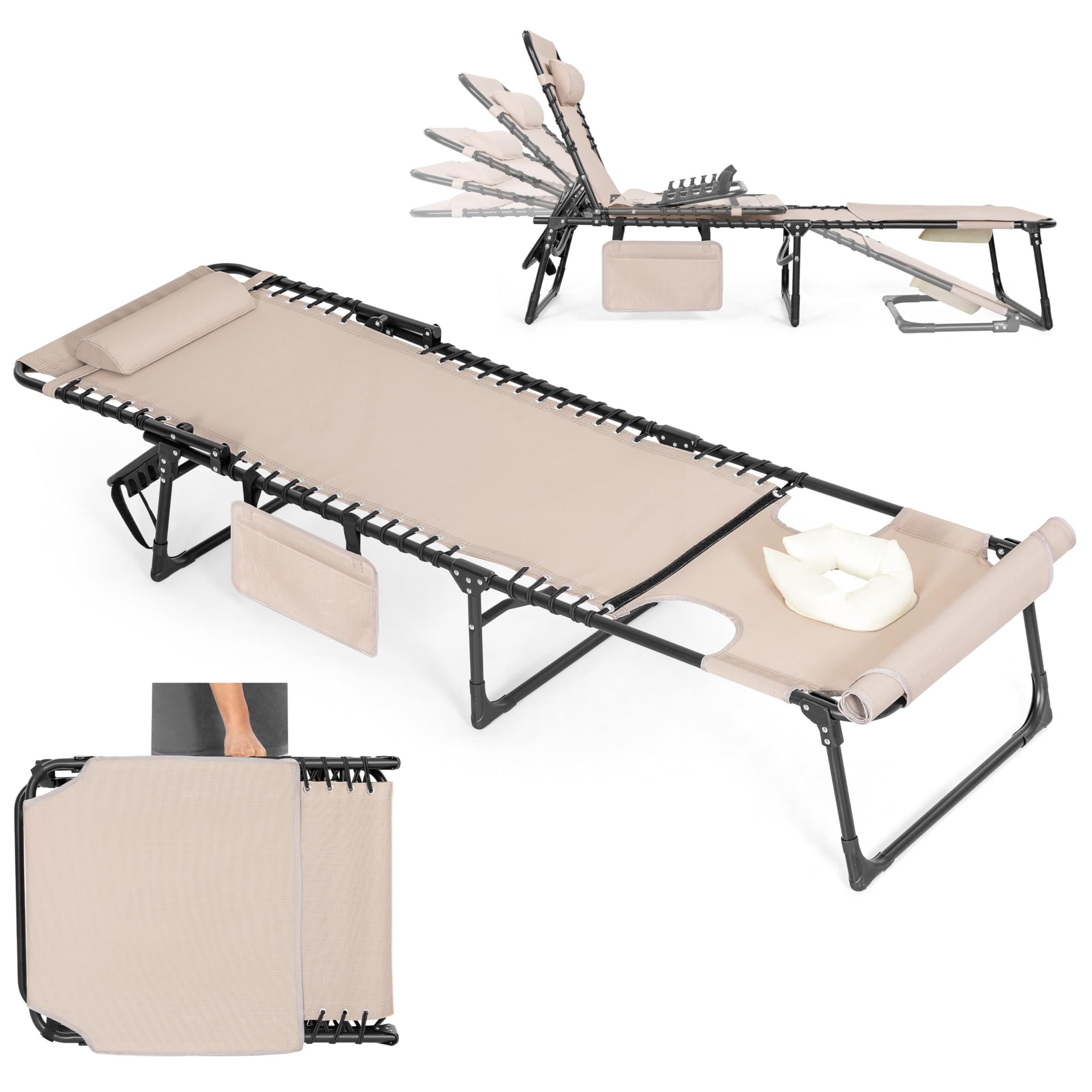 Avestar Sonnenliege Klappbar, Tragbare Gartenliege, 5-Fach Verstellbarer Liegestuhl inkl. Seitentasche, Kopfkissen und Gesichtsausschnitt, für Garten, Balkon, Terrasse, Strand und Camping, Taupe