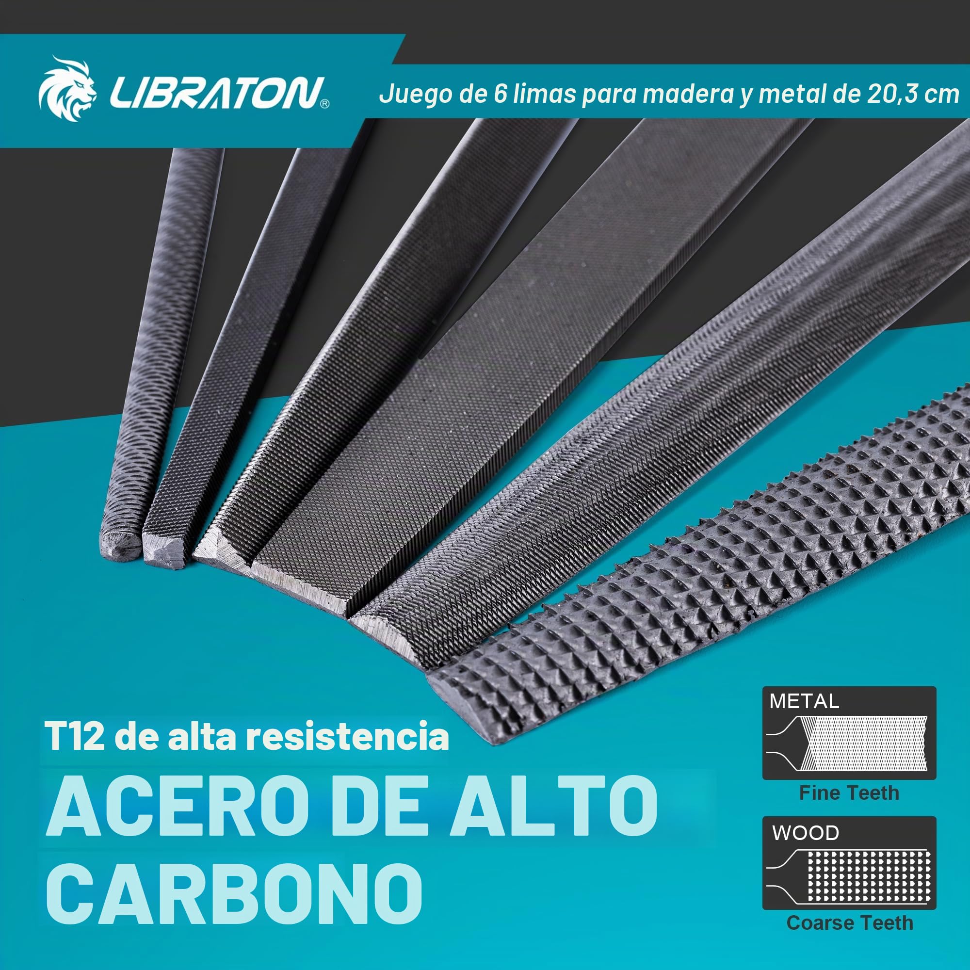 Libraton Limas de Metal, Limas para Metal de 6 Piezas, Limas de Acero con Alto Contenido de Carbono, Lima Metálica con Mango de Goma, Juego de Limas de 8 Pulgadas Incl 1 Escofina para Madera