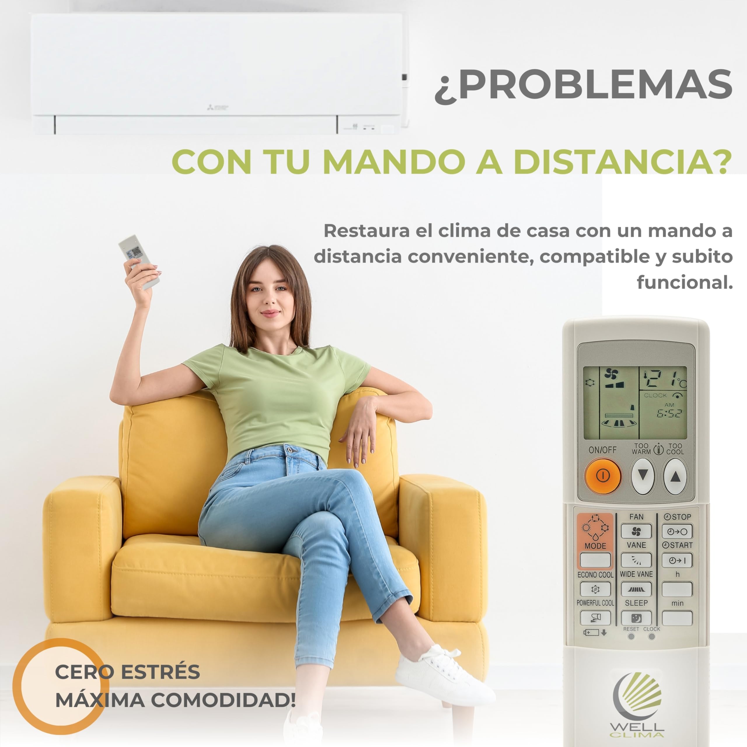 Wellclima Control Remoto Universal WEC-MI1 para Aire Acondicionado Mitsubishi, Listo para Usar en Segundos, Compatible con Bomba de Calor e inversor, compatibilidad Garantizada