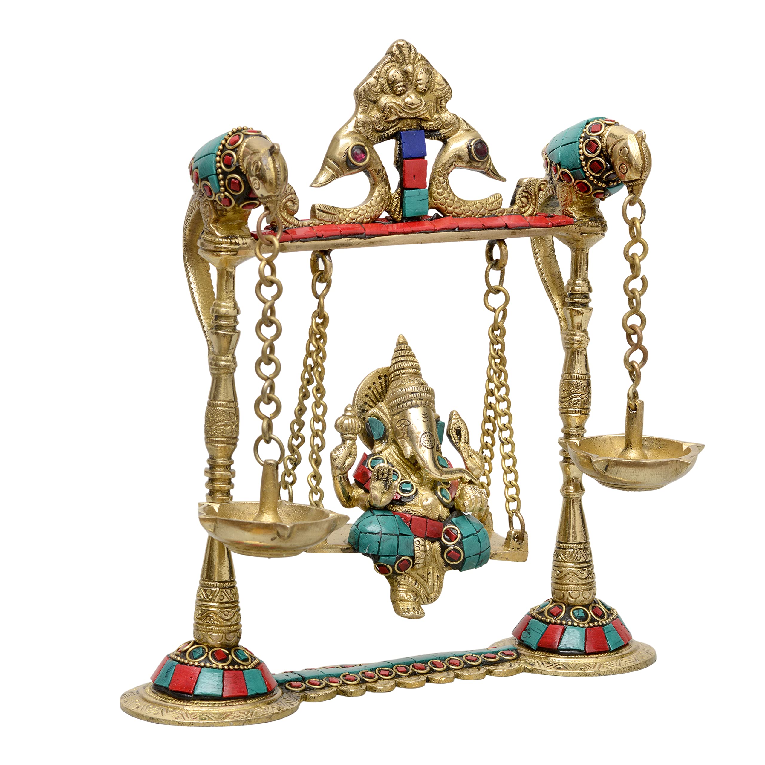 AONA Brass Ganesha on a Swing with Two Parrot Holding with Oil Diya Brass Chain- Golden, Height 9 Inches - Image 2 thumbnail