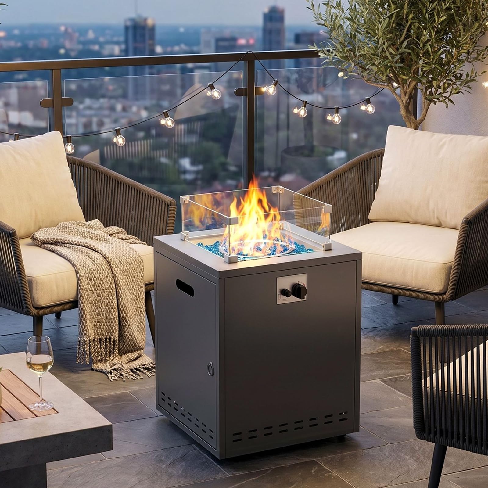 TLGREEN 20" Gas Feuerstelle Outdoor, Feuerstellen für Garten Balkon, 14.5kW | Feuertisch mit Glaswindschutz, Glassteine, Wasserfester Schutzhülle, Gas Gartentisch, Gaskamin, 4PCS Füße, 50x50x62cm