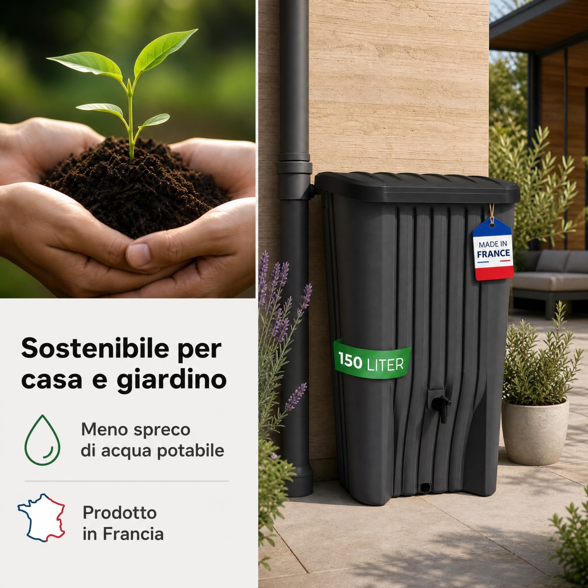 YourCasa Cascade Serbatoio Acqua Piovana 150 L, Slim Antracite | Cisterna piovana salvaspazio da parete con rubinetto integrato, coperchio e scarico invernale, prodotta in Francia
