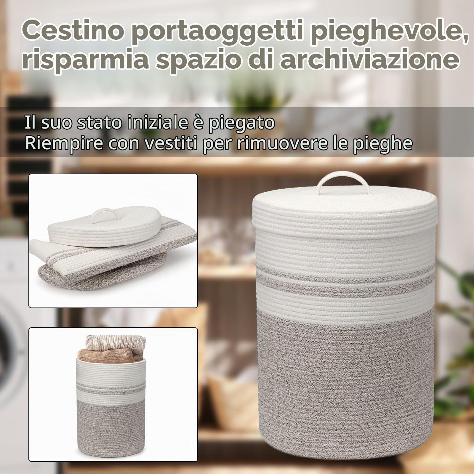 Cesto Portabiancheria, Cesto Biancheria con Coperchio Ceste Portabiancheria Cesto Panni Sporchi Portabiancheria Salvaspazio in Cotone, Pieghevole(60L 37x 52 cm)