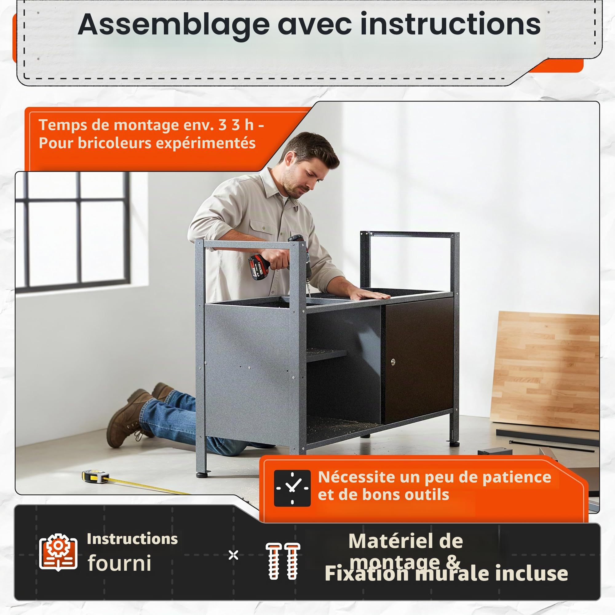 Ondis24 Établi de travail Klaus 120 cm, en métal, porte avec serrure, pieds réglables en hauteur (hauteur de travail 85 cm, plaque en hêtre noir)
