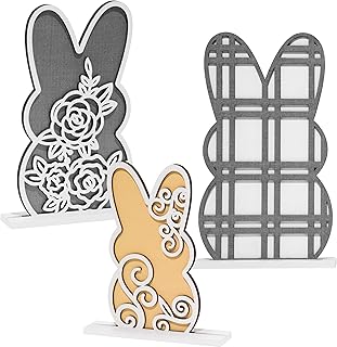 CNhoqc Easter Wooden Table Centerpiece - 3pcs Hello Spring Gray Cute Cartoon Bunny Wooden Table Topper Sign Decoration Detachable Pattern Single-Sided Tabletop Mantel Shelf Dining Desktop Detachable - Buy now