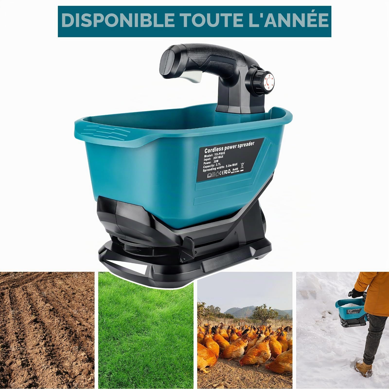 YEX-BUR Épandeur d'engrais portable pour batterie au lithium Makita 18 V, épandeur manuel avec réglage de la vitesse de rotation à 5 niveaux, 3,7 l, couvre jusqu'à 743 m² (sans batterie)