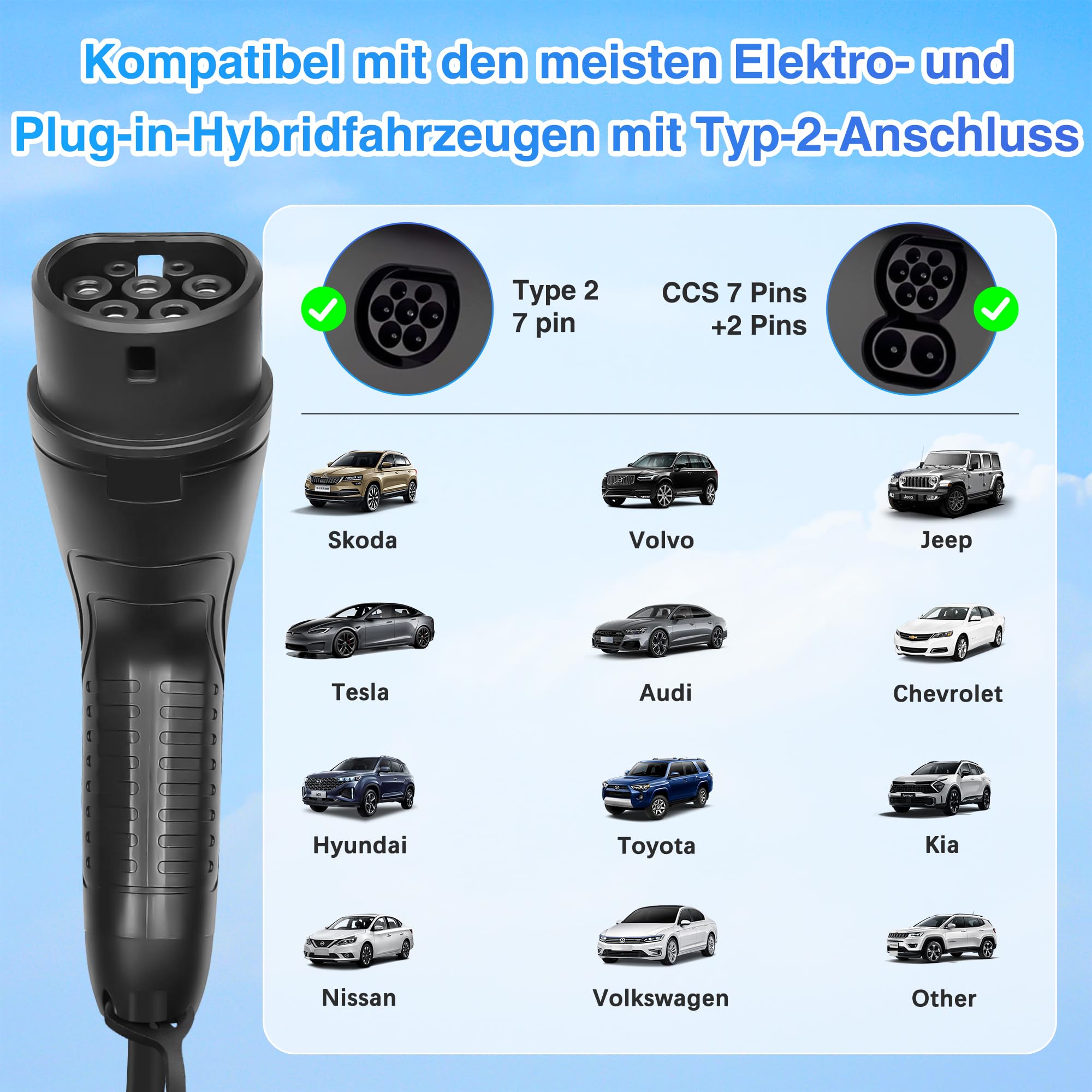 Typ 2 Schuko EV Charger 3,68kW | 8–16A Einstellbar, 6.8m | Tragbares Ladekabel Elektroauto, Mobile Wallbox mit LCD Display, Wasserdicht IP65, Für PHEV & EV IEC 62196-2