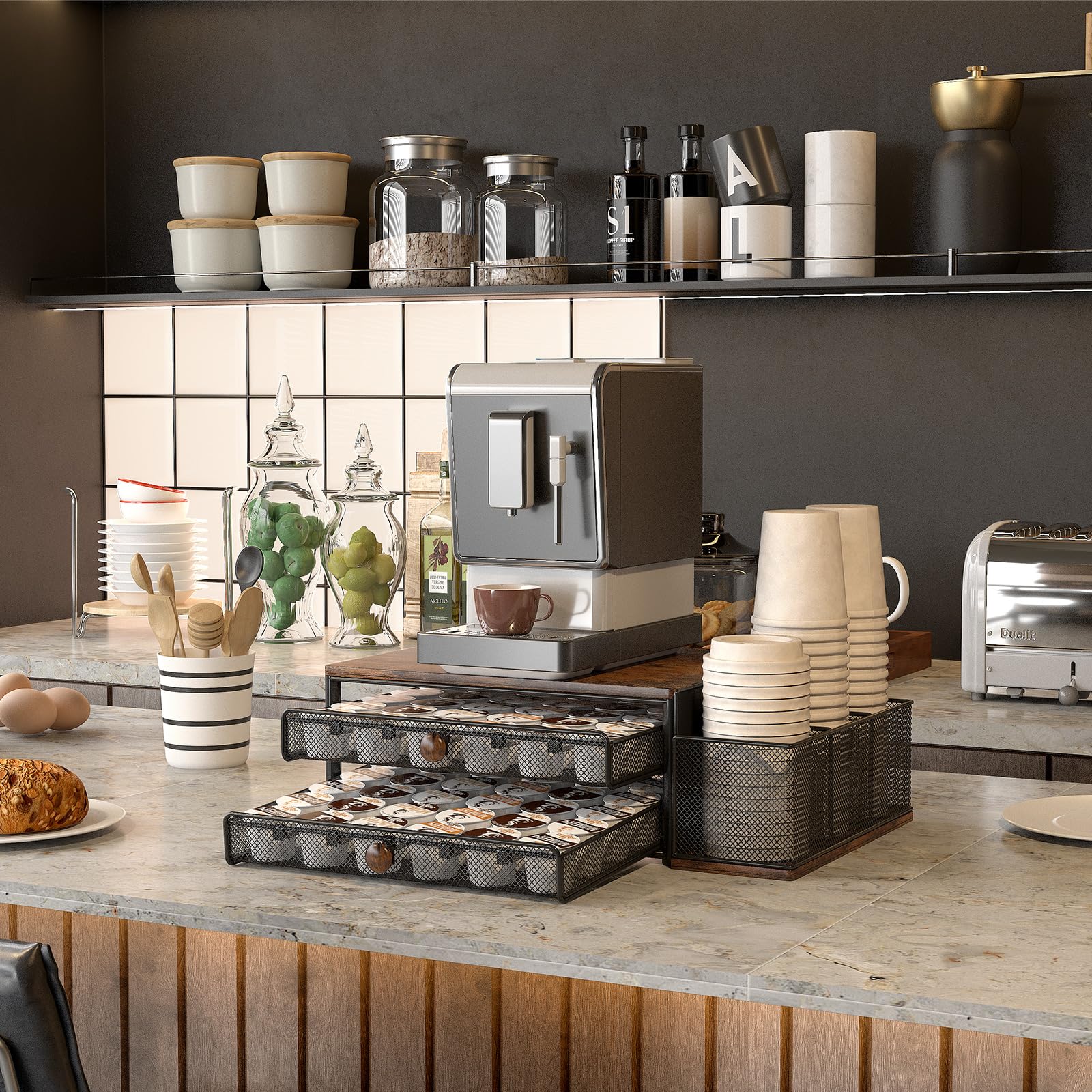 TQVAI Cajón para Almacenaje Cápsulas para 60 Cápsulas, 2 Niveles Cafetera Capsulas Organizador, Capsulas Cafe Compatibles Dolce Gusto Cajones, Negro