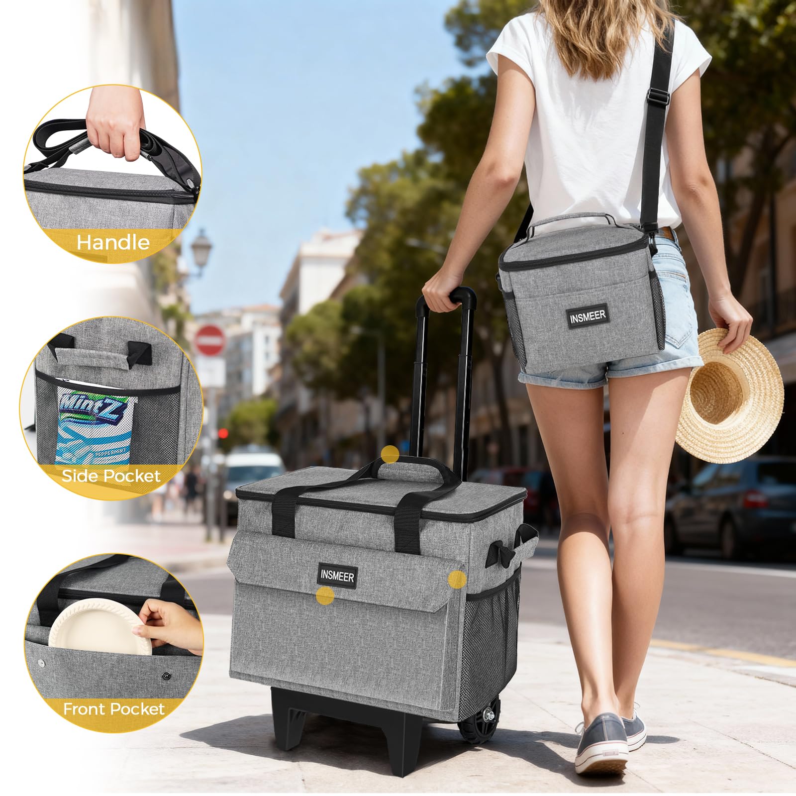 INSMEER Borsa termica con mini borsa per il pranzo, capacità 35 l, borsa termica pieghevole rigida con ruote, carrello portatile 2 in 1, borsa termica per picnic, spesa