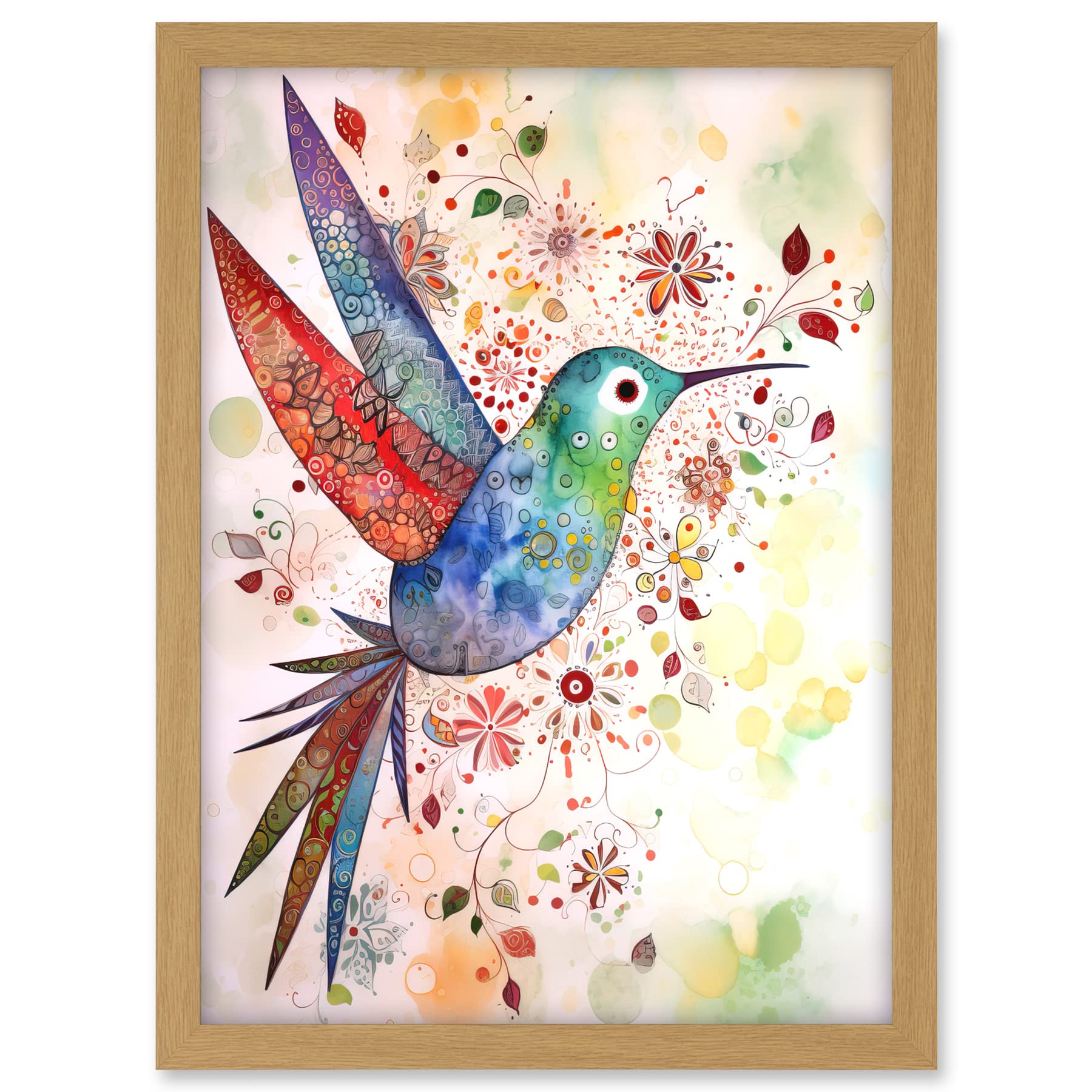 Artery8 Hummingbird With Flower Patterns Folk Art Watercolour Painting Artwork Framed A3 Wall Art Print