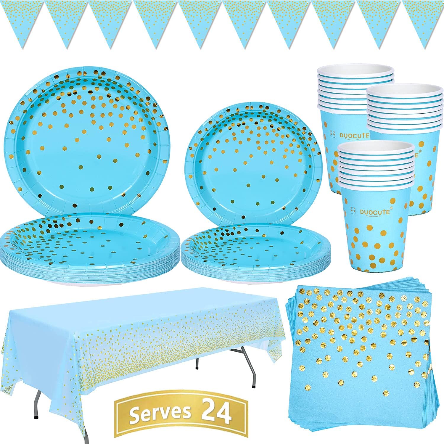 Duocute Platos Fiesta Oro Azul 99 Piezas Vajilla Papel Cumpleaños Incluye Platos, Servilletas, Vasos, Mantel, Banner, para Baby Shower, Cumpleaños de Niños, Aniversario, Compromiso (24 Invitados)