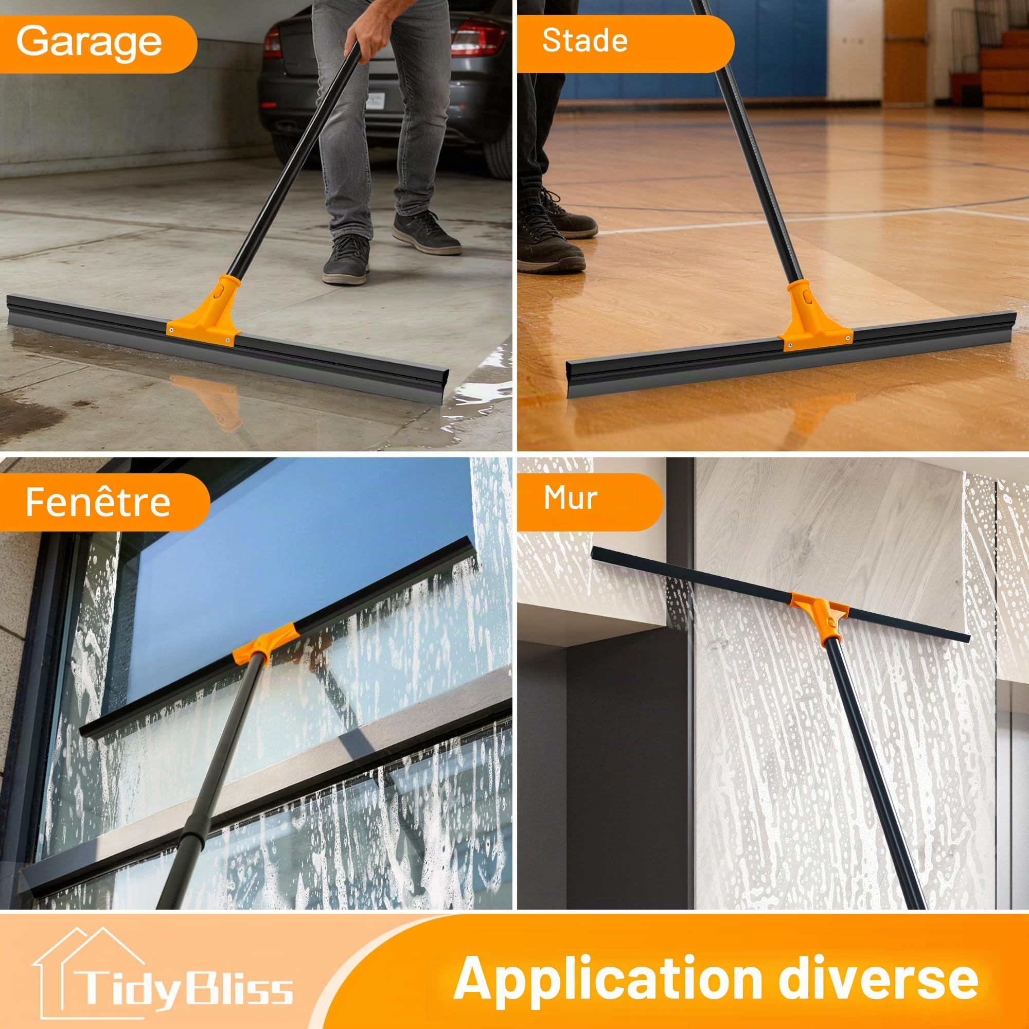 TidyBliss Balai Raclette Sol Extérieur Terrasse Professionnelle de Large 76 cm avec Manche Long 148 cm, Laveur pour la Salle de Bain, Cour, Garage, Douche, Fenêtre (Orange)