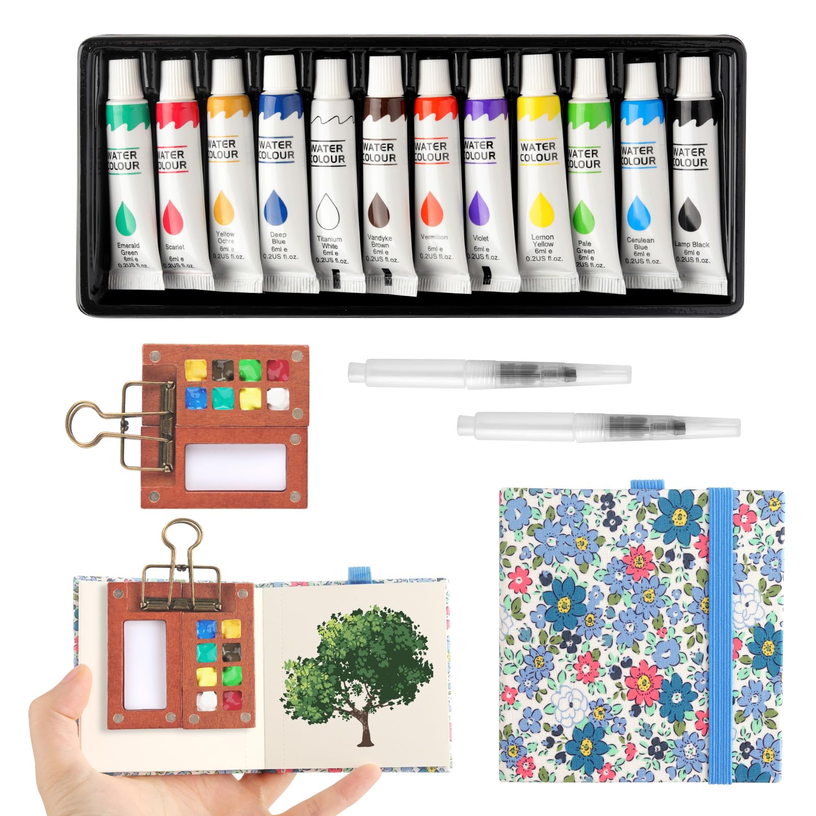 Mini Aquarell Travel Set 12 Farben, Tragbares Holz Malpalette Malkasten mit Aquarellpapier Aquarellpinsel Stiftel Clip, Wood Pocket Artist Aquarell-reiseset für Künstler, Outdoor Skizze, Anfänger