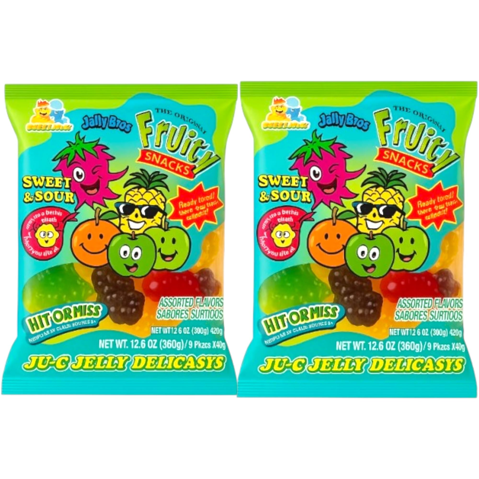 Fruiti Snacks hit or miss, Assorted Fruit Flavored tik tok Jelly Candies, 12.6 oz, 9 Pieces, 2 pack (SOUR)