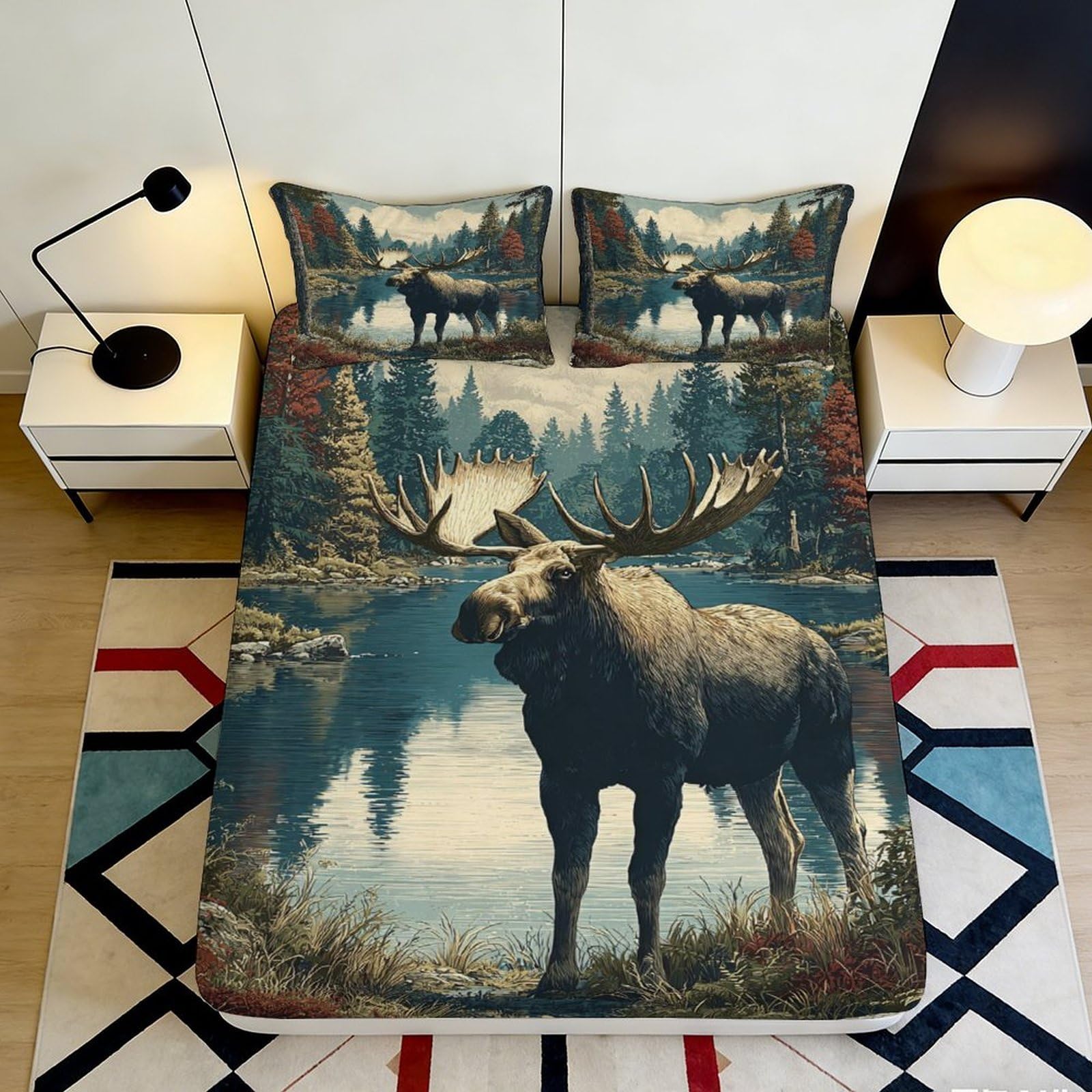 3D Printed Moose and Forest Fitted Sheet Microfiber Soft Breathable River Landscape Bed Cover for Bedroom Dormitory Guest Room Mattress Protection Decor 140x200x25cm