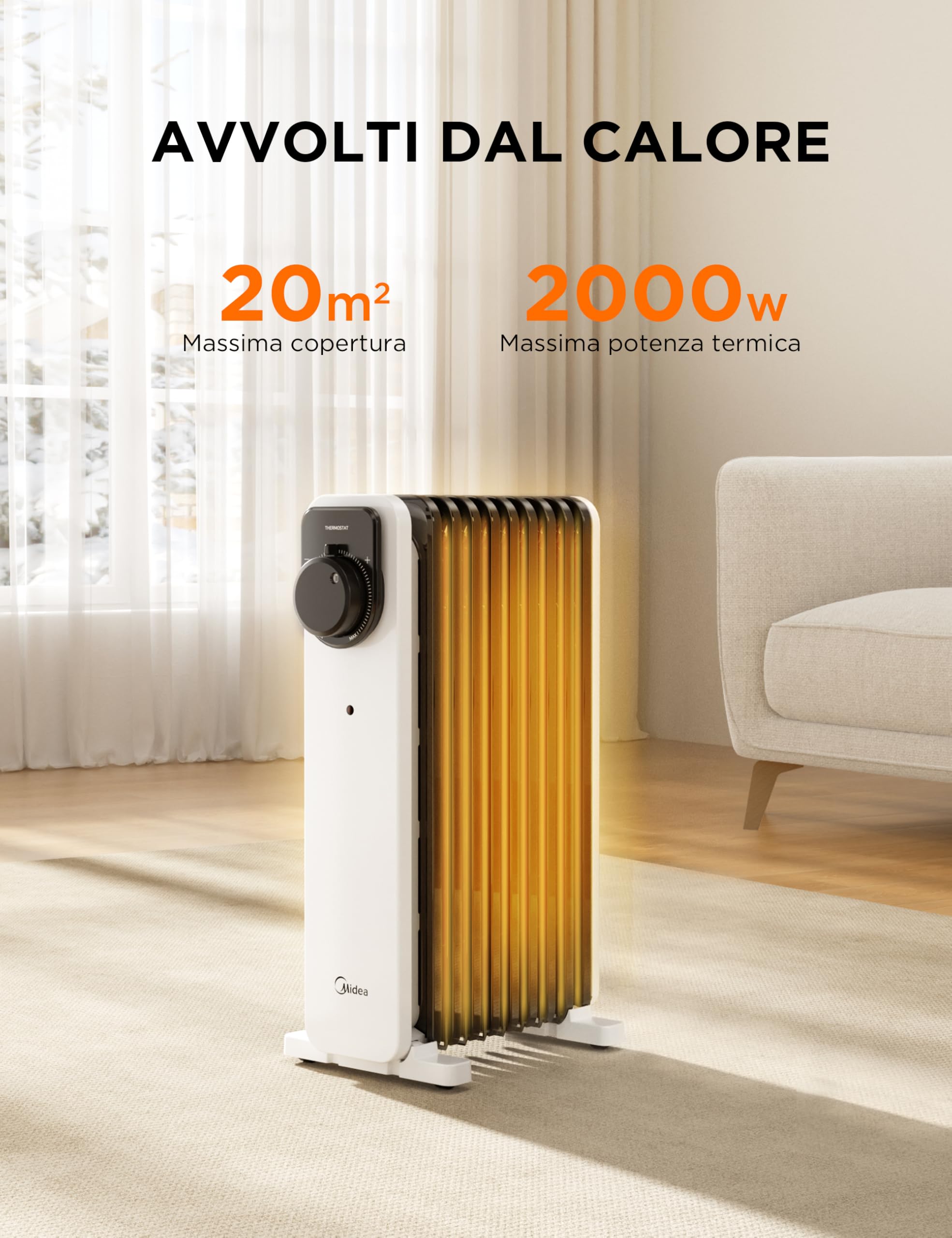 Midea Termoconvettore a Olio, 2000W, 9 alette, Controllo a Manopola, Termostato Regolabile, 3 Livelli di Calore, Protezione da Ribaltamento e Surriscaldamento, Ultra Silenzioso per Ufficio e Casa