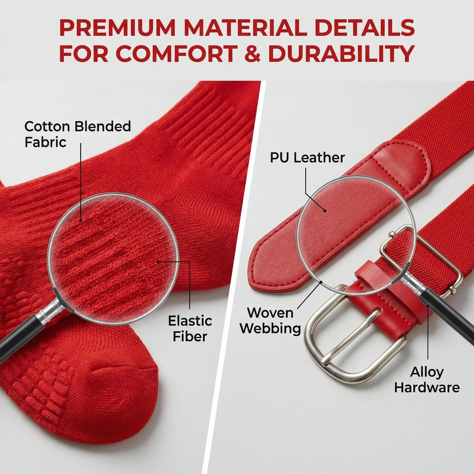 VASANA Baseball-Socken und Gürtel, verstellbar, Softball-Socken, elastisches Polyurethan-Leder, Hüftgürtel, Sport-Zubehör für Unisex-Jugendliche (geeignet für Schuhgrößen 26–34 EU/18–22 cm), rot, S