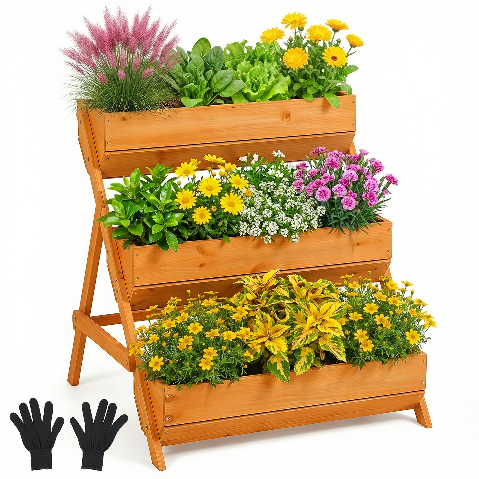 Warmiehomy Wooden Raised Garden Bed 3 Tier, Elevated Planters with Drainage Holes, Outdoor Raised Bed for Vegetables, Flowers, Herbs, 65 x 75 x 76 cm, Brown