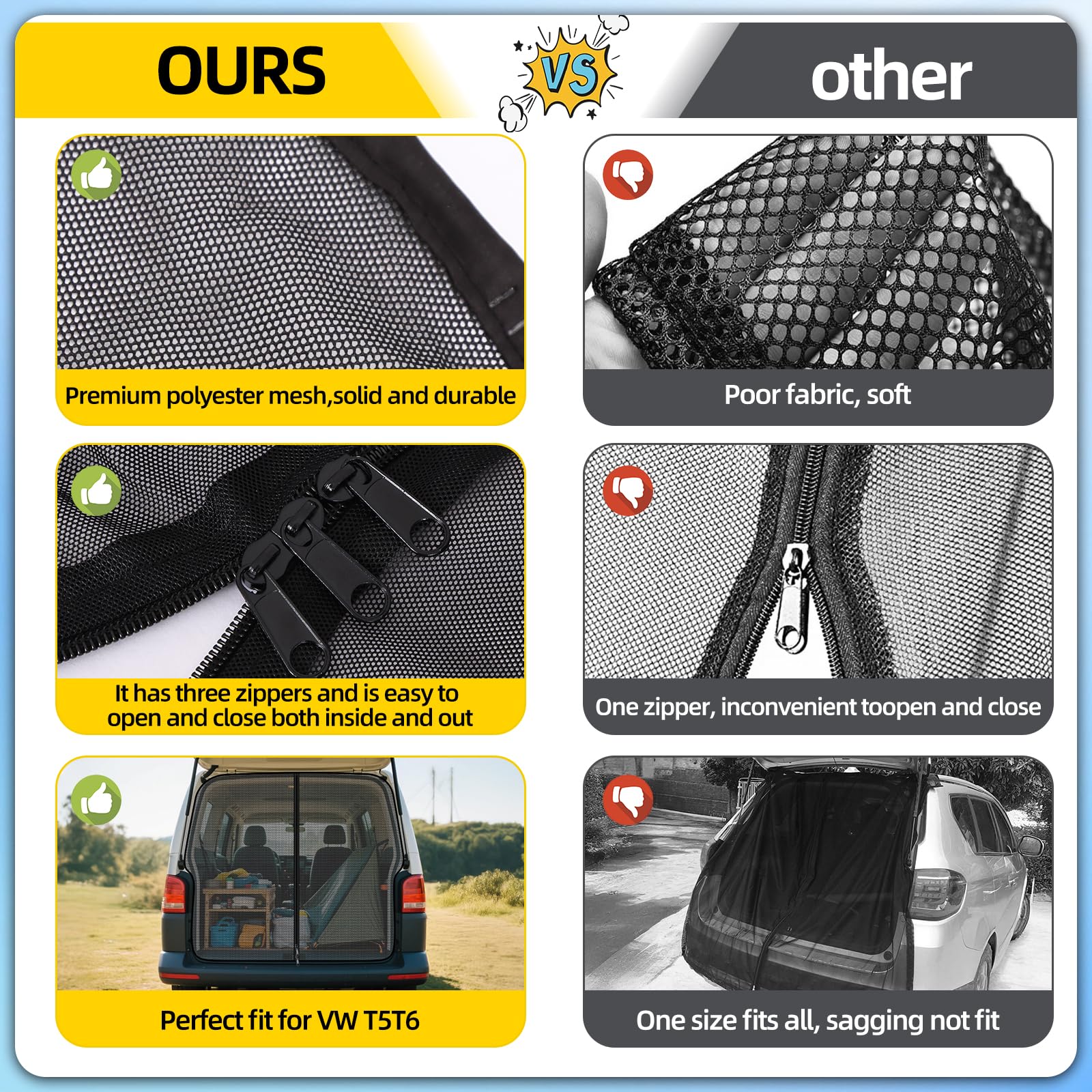 XCBYT Zanzariera per porta posteriore dell'auto compatibile con VW T5 T6, cerniera magnetica, zanzariera per auto, protezione solare, bagagliaio, rete ombra, campeggio, ventilazione, zanzariere