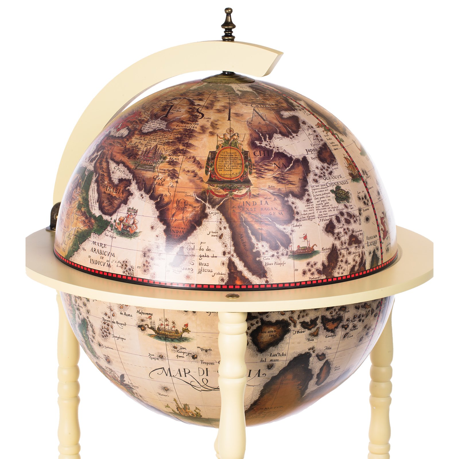 45001Grand chariot de bar, en forme de globe terrestre, avec piliers en bois d'eucalyptus massif, blanc ivoire, ouvert, 112 cm de hauteur et 56 cm de largeur, déplaçable par roulettes, style ancien, idéal comme bar décoratif, bar de maison, bar à cocktail