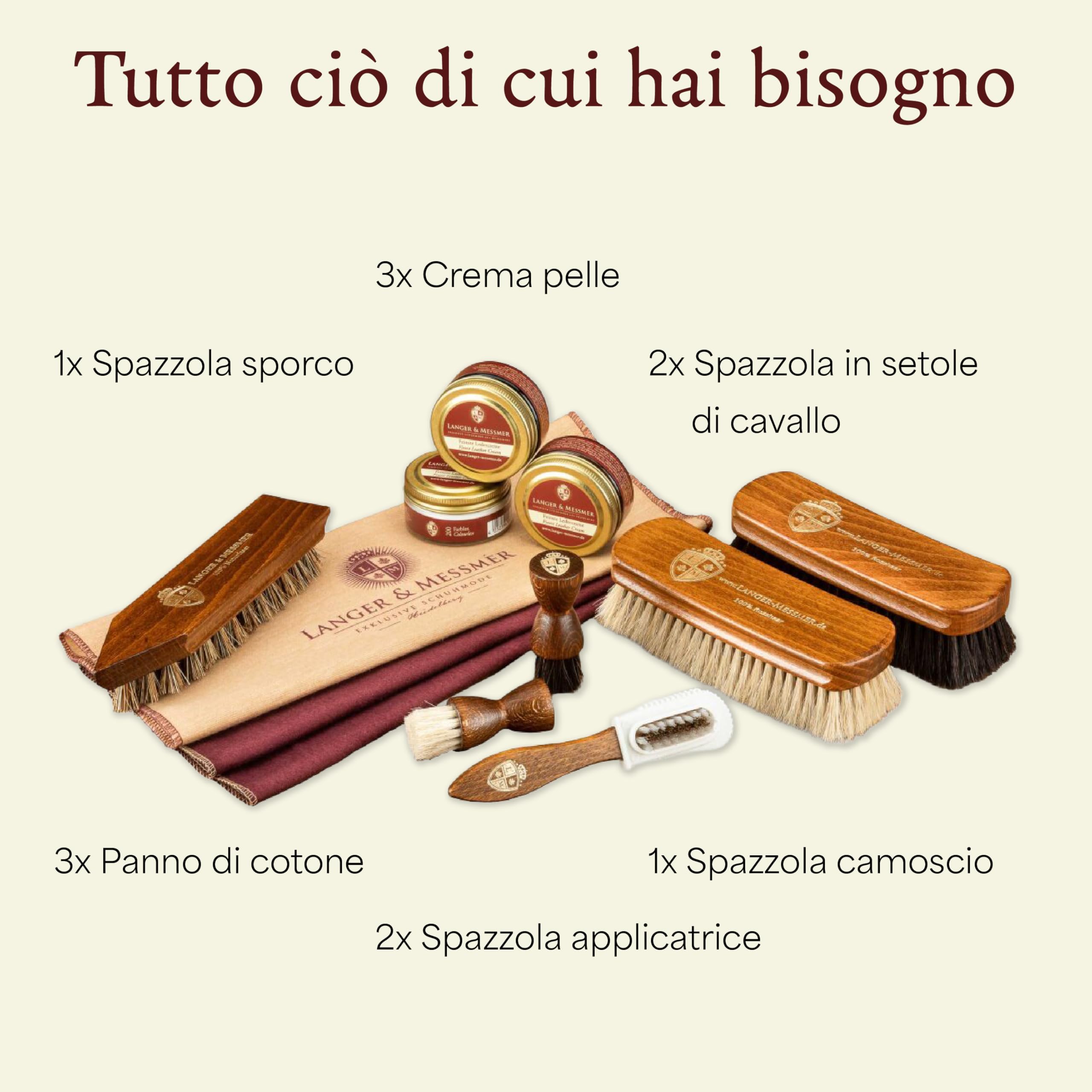 Langer & Messmer Kit per la cura delle scarpe con creme per la cura della pelle di alta qualità e spazzole di crine per una cura efficace delle vostre scarpe in pelle liscia - Il set di lustrascarpe