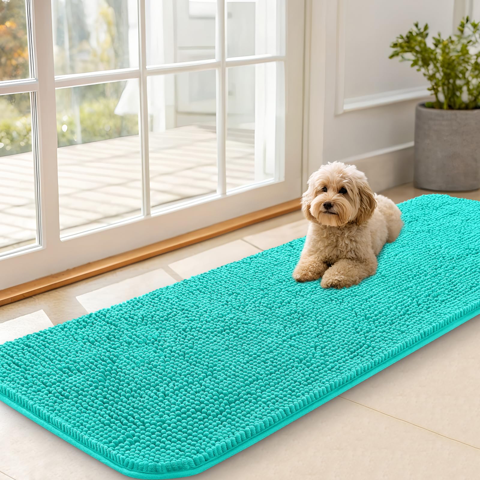 OLANLY Dog Door Mat for Muddy Paws 59x20, Absorbs Moisture and Dirt, Absorbent Non-Slip Washable Doormat, Quick Dry Chenille Mud Mat for Dogs, Entry Indoor Entryway Carpet for Inside Floor, Teal โ image 1