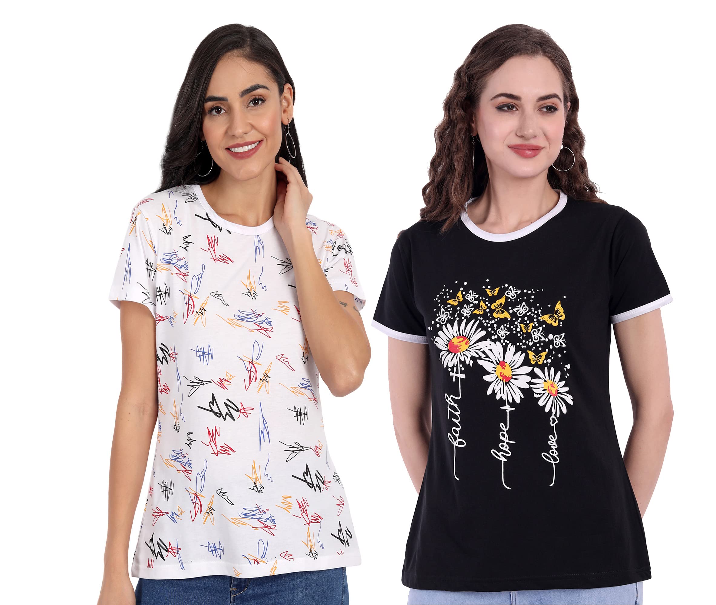 CHOZIWomen's Cotton Round Neck Printed Combo Tees/T-Shirt, Half Sleeve Tshirts for Girls, Womens Tshirts Combo (Pack of 2)