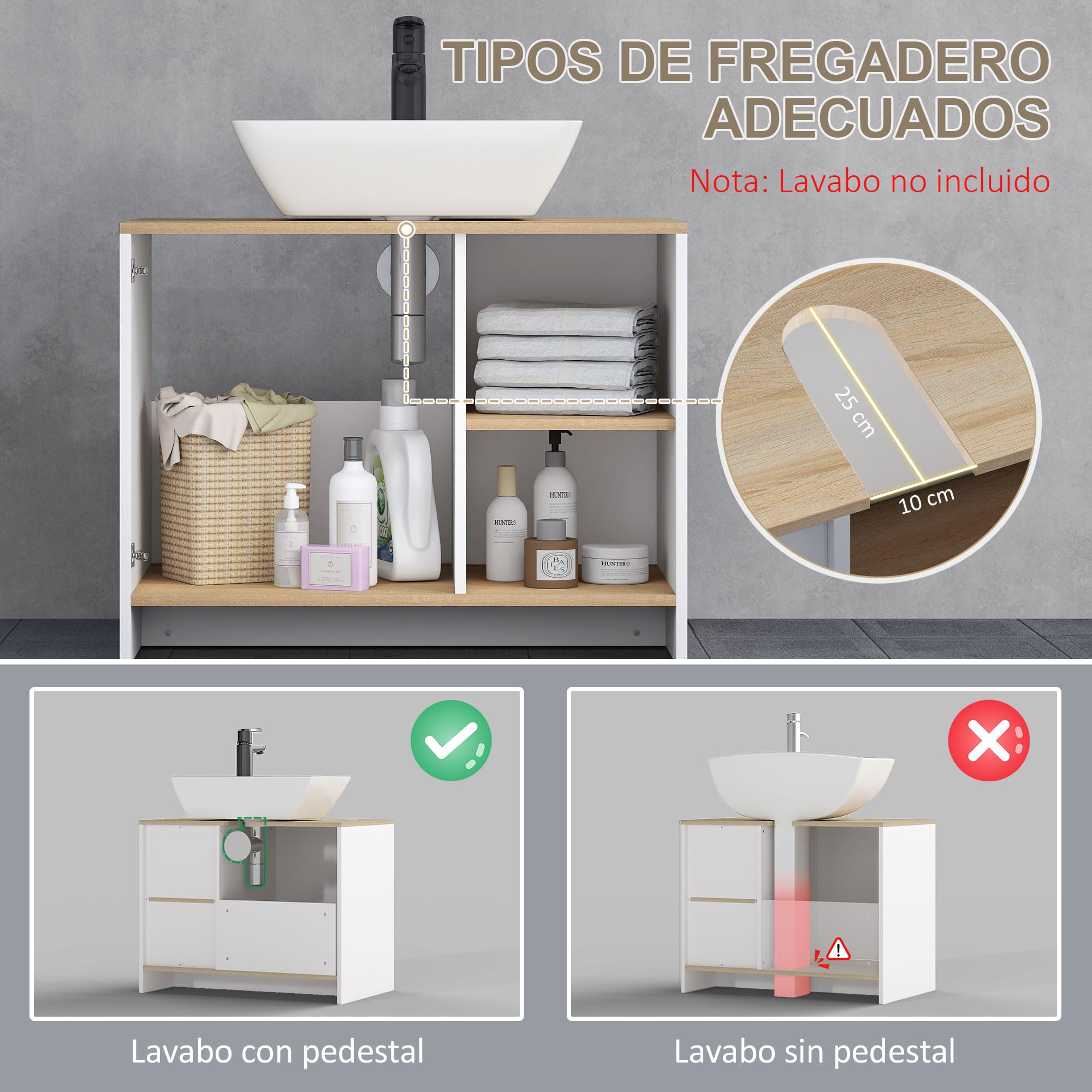 kleankin Mueble Bajo Lavabo Mueble de Baño 77x45x60 cm Blanco y Natural | con Compartimentos y Puerta
